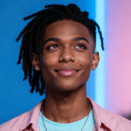 AI-generated portrait of a young man with short twisted hair and earrings, wearing a casual shirt, posed with a soft smile against a blue and pink LED-lit background.