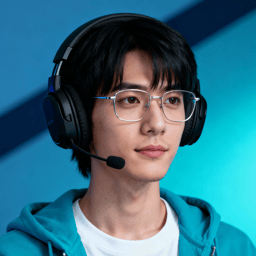 AI-generated portrait of a young man with straight hair and glasses, wearing a hoodie and headset, posed with a neutral expression against a blue-toned LED-lit background.