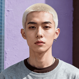 AI-generated portrait of a young person with a closely cropped hairstyle and defined brows, wearing a crewneck sweatshirt and hoop earrings, posed with a neutral expression against a muted purple studio background in directional light.