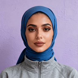 AI-generated portrait of a young woman wearing a blue headscarf and zip-up jacket, posed with a calm expression against a soft lavender studio background in even directional light.