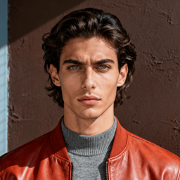 AI-generated portrait of a young man with wavy medium-length hair and defined brows, wearing a ribbed turtleneck and leather jacket, posed with a serious expression against a textured brown studio background in single-source light.