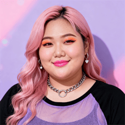 AI-generated portrait of a young woman with long pink hair and bold eye makeup, wearing a purple top and star necklace, posed with a smiling expression against a pastel background in bright studio light.