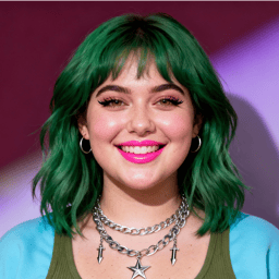 AI-generated portrait of a young woman with green shoulder-length hair and glossy makeup, wearing a green top and star necklace, posed with a bright smile against a colorful pastel background in flash lighting.