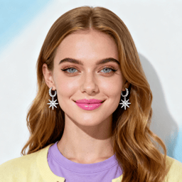 AI-generated portrait of a young woman with long light brown hair and glossy makeup, wearing a pastel cardigan and star earrings, posed with a gentle smile against a light background in bright studio light.