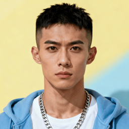 AI-generated portrait of a young man with short cropped hair and defined brows, wearing a blue hoodie and chain necklace, posed with a neutral expression against a yellow background in bright studio light.