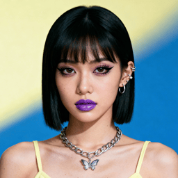 AI-generated portrait of a young woman with a short black bob haircut and bangs, wearing a yellow top and butterfly necklace, posed with a neutral expression against a pastel background in bright studio light.