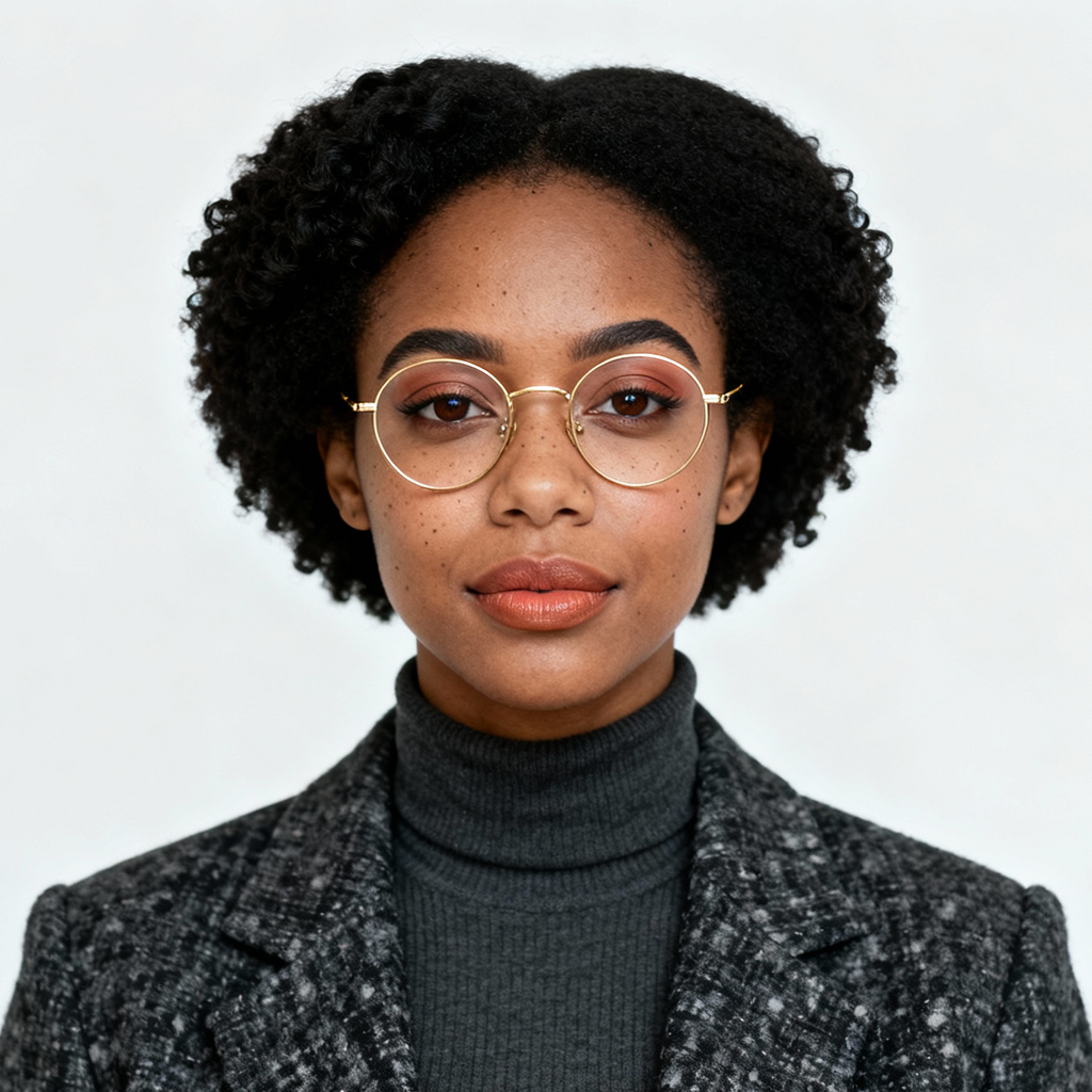 AI-generated portrait of a young woman with short curly hair and glasses, wearing a dark patterned jacket, posed with a neutral expression against a gray background in diffused light.