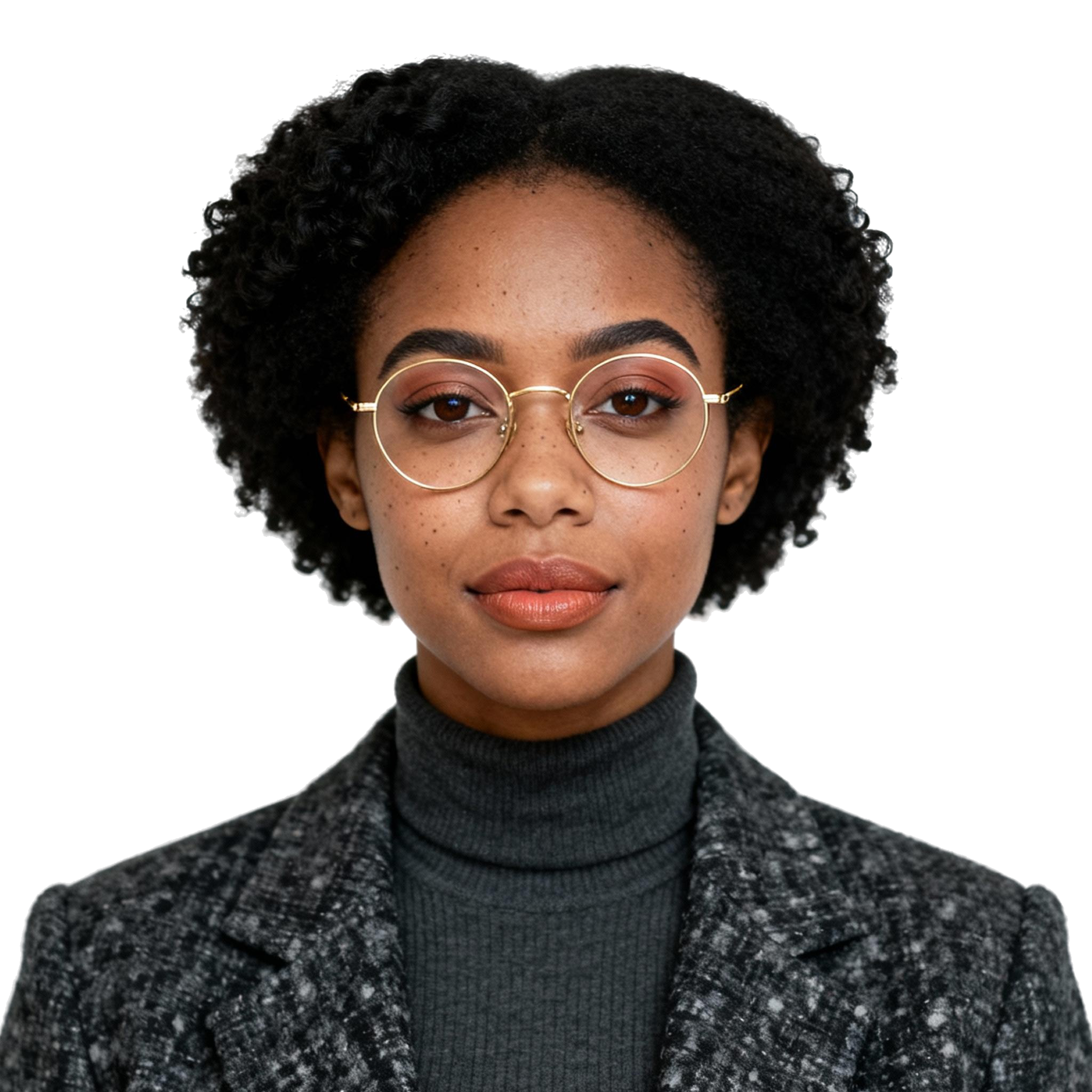 AI-generated portrait of a young woman with short curly hair and glasses, wearing a dark patterned jacket, posed with a neutral expression against a transparent background in diffused light.