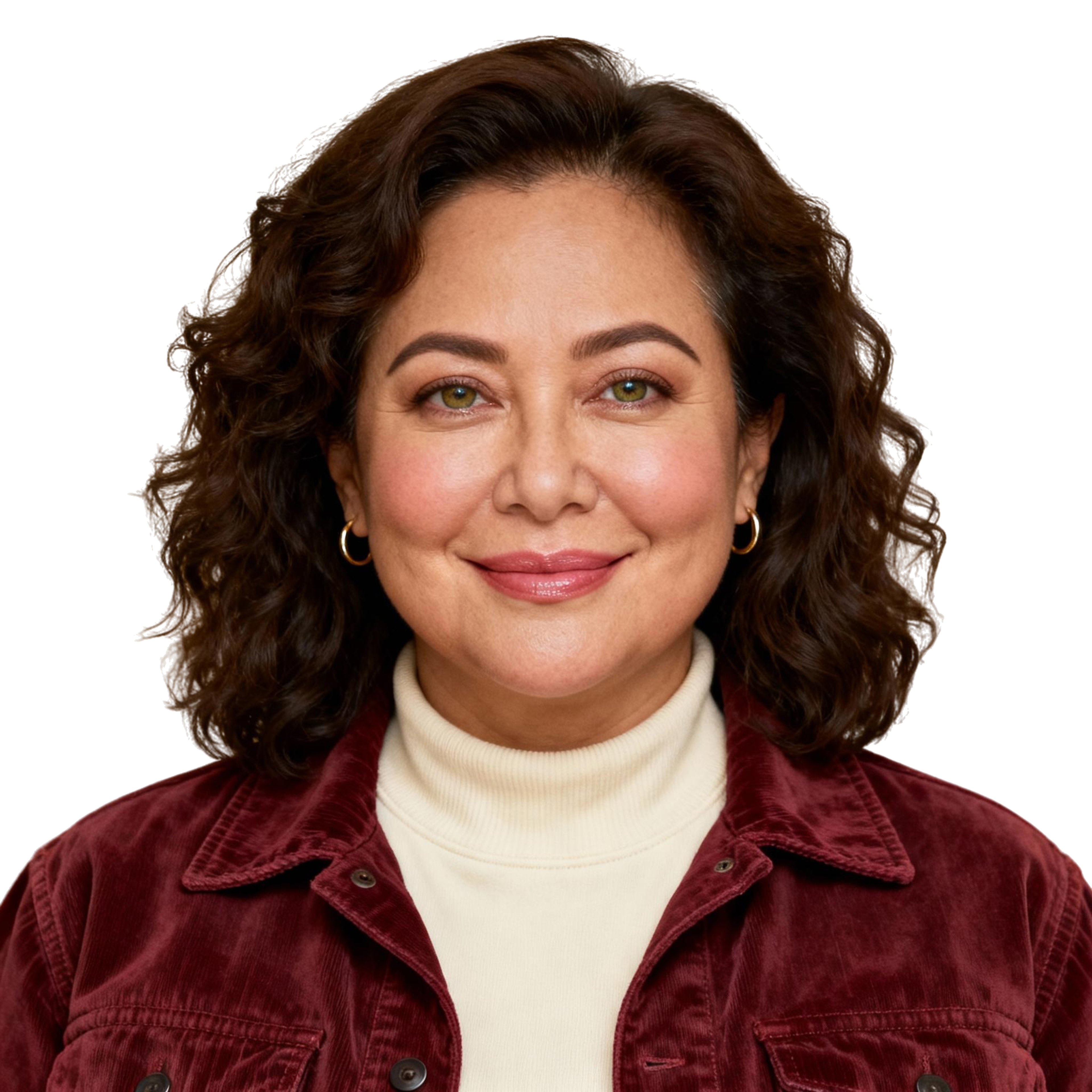 AI-generated portrait of a young woman with wavy hair, wearing a red sweater, posed with a soft smile against a transparent background in diffused light.