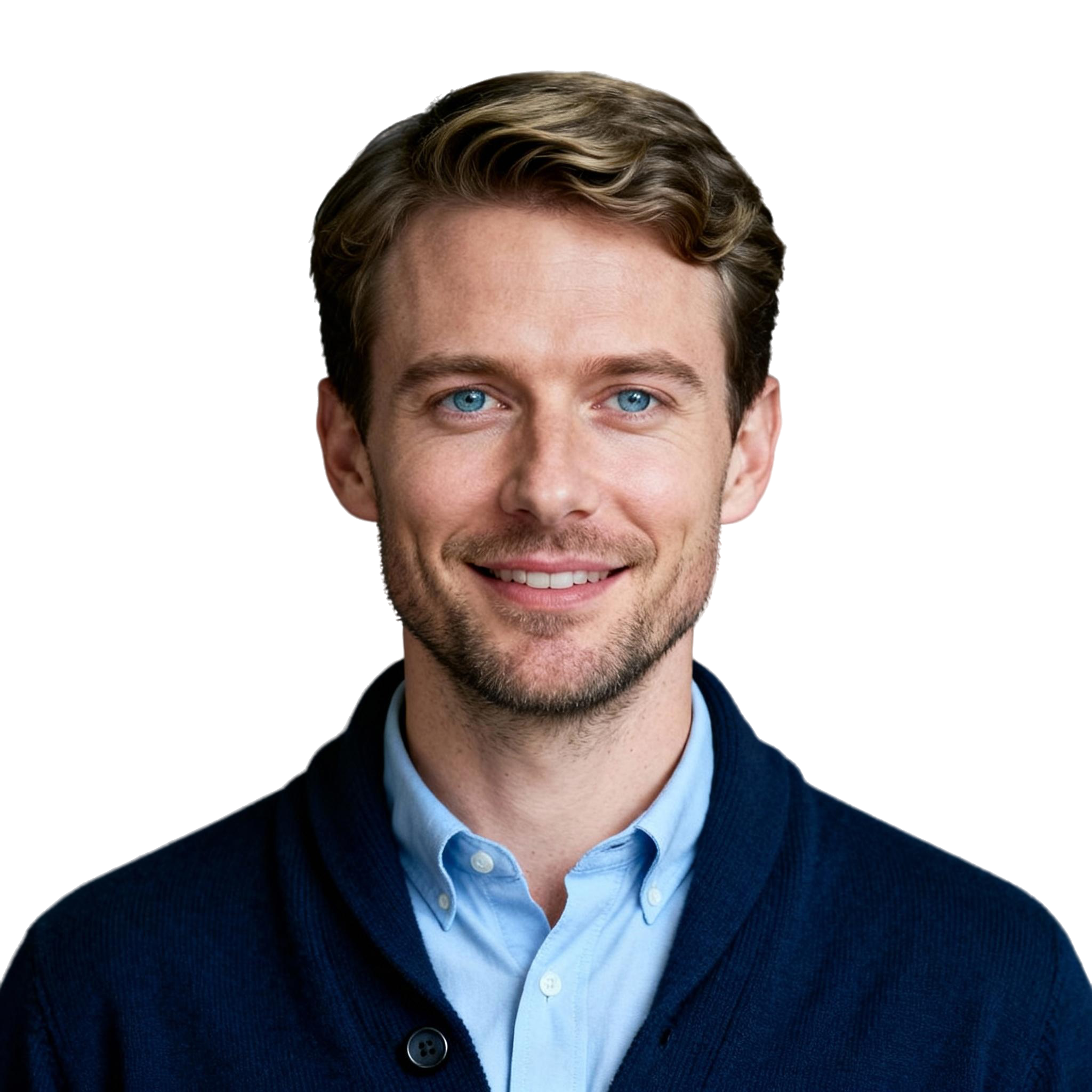 AI-generated portrait of a middle-aged man with short hair and a trimmed beard, wearing a collared shirt and sweater, posed with a neutral expression against a transparent background with soft lighting.