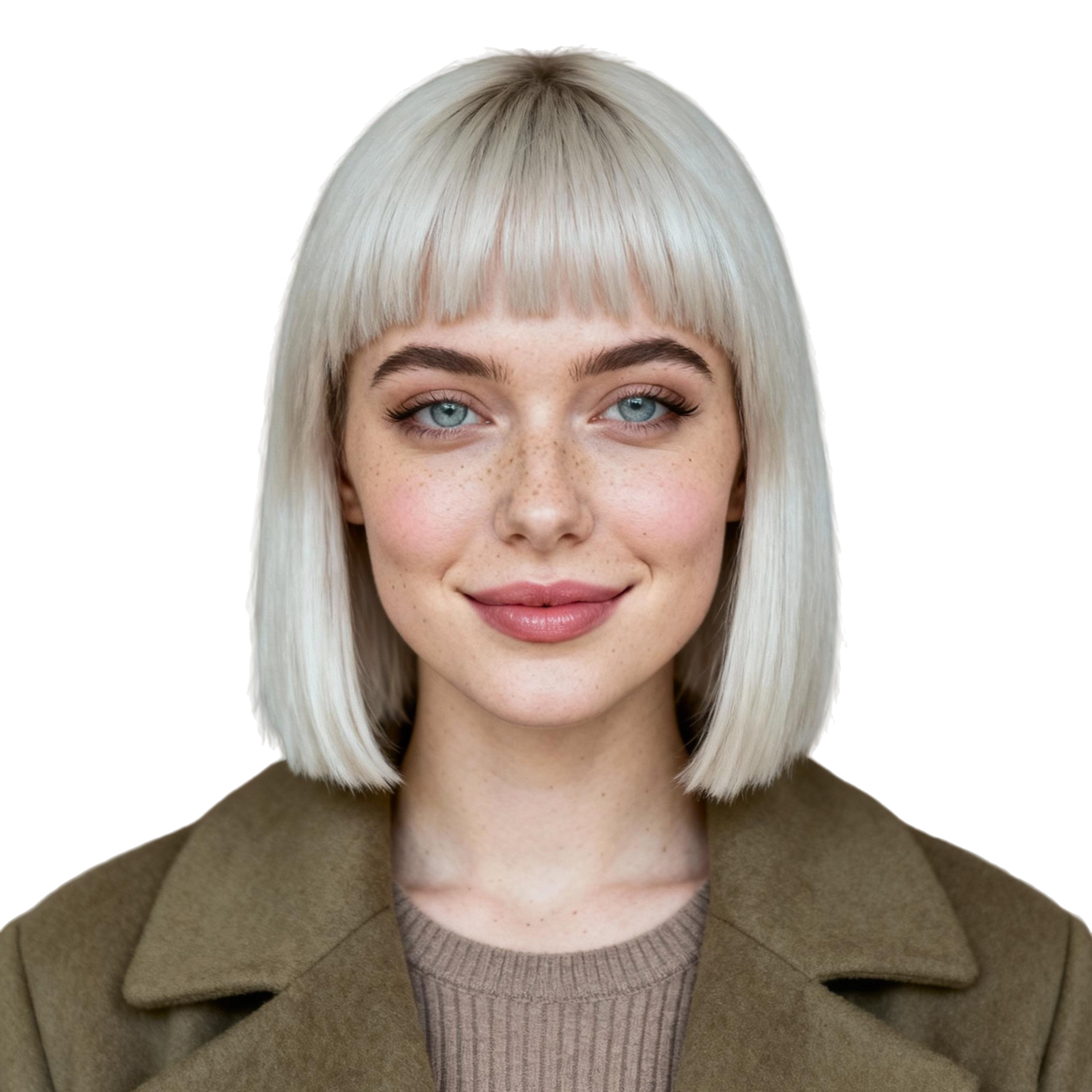 AI-generated portrait of a young woman with straight light hair and bangs, wearing layered clothing, posed with a gentle expression against a transparent background in soft lighting.