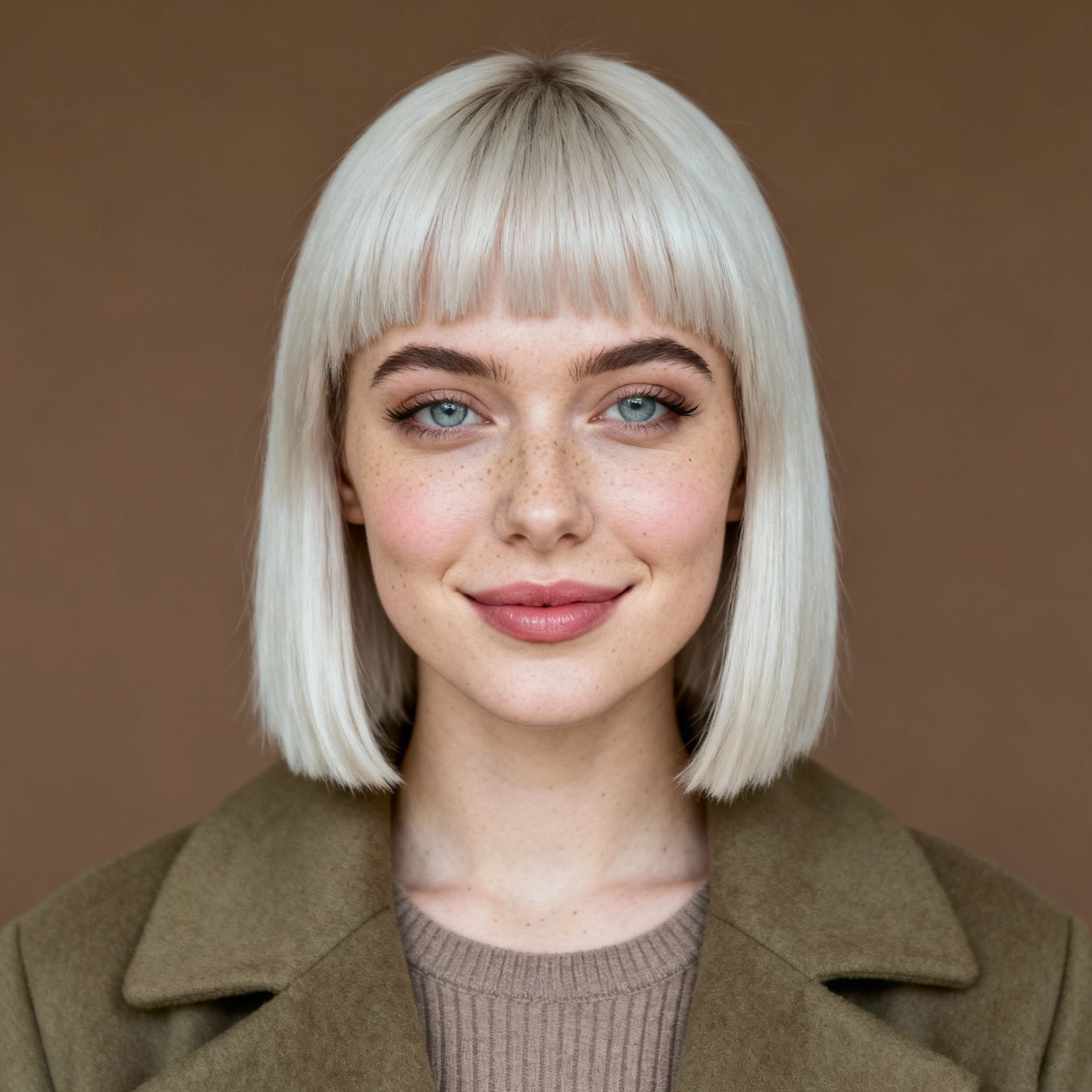 AI-generated portrait of a young woman with straight light hair and bangs, wearing layered clothing, posed with a gentle expression against a muted brown background in soft lighting.