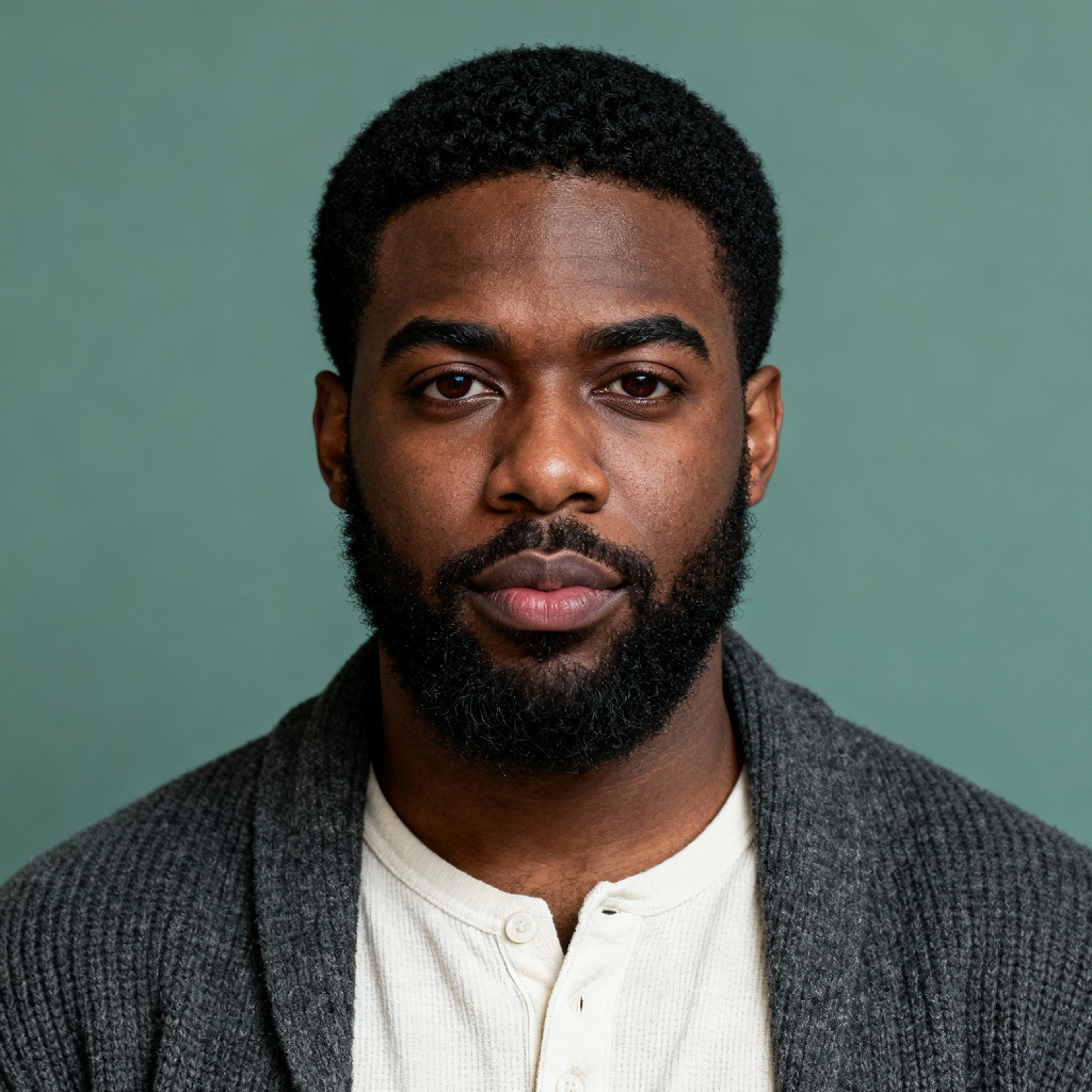 AI-generated portrait of a young man with short curly hair and a full beard, wearing a knit sweater, posed with a neutral expression against a muted green background in soft lighting.