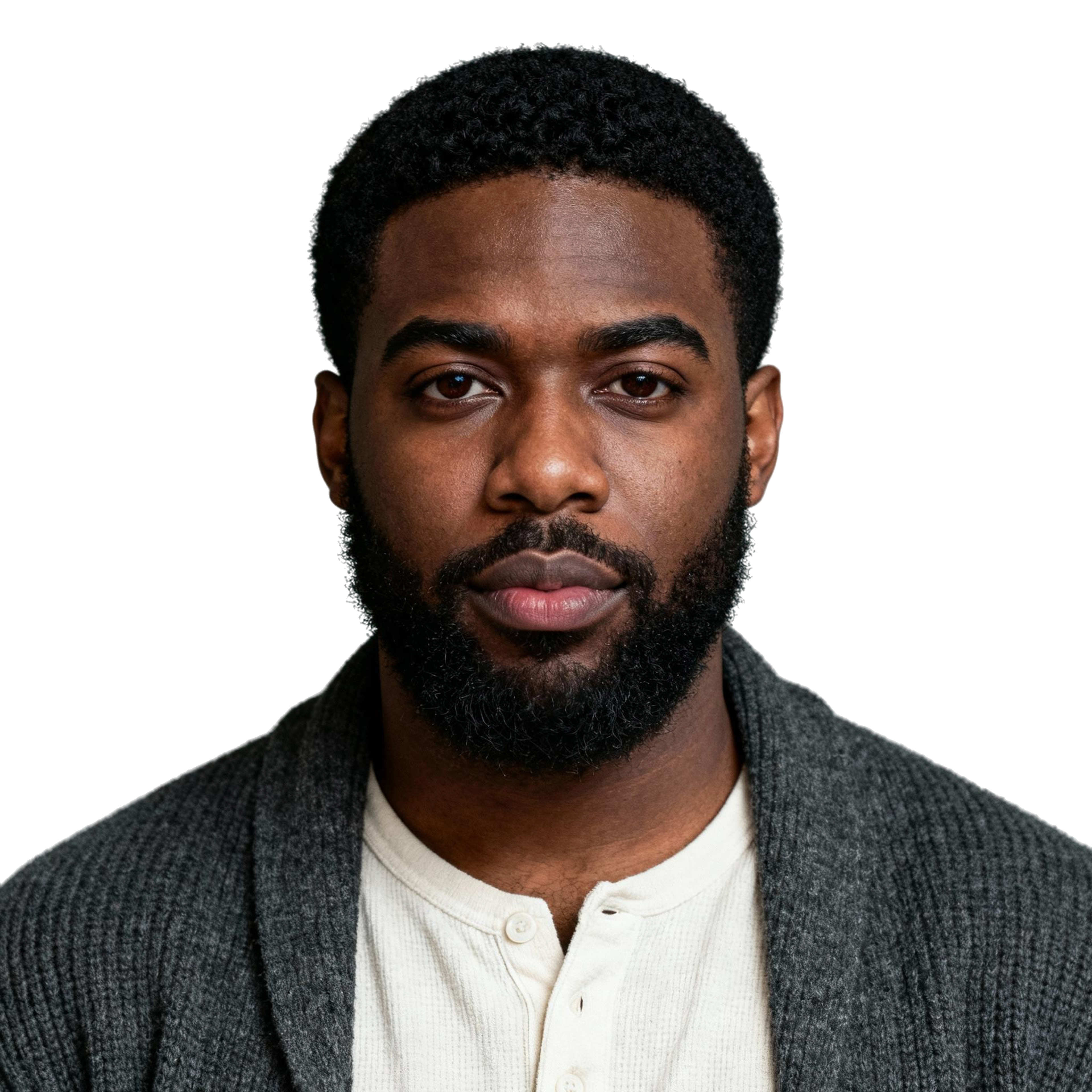 AI-generated portrait of a young man with short curly hair and a full beard, wearing a knit sweater, posed with a neutral expression against a transparent background in soft lighting.