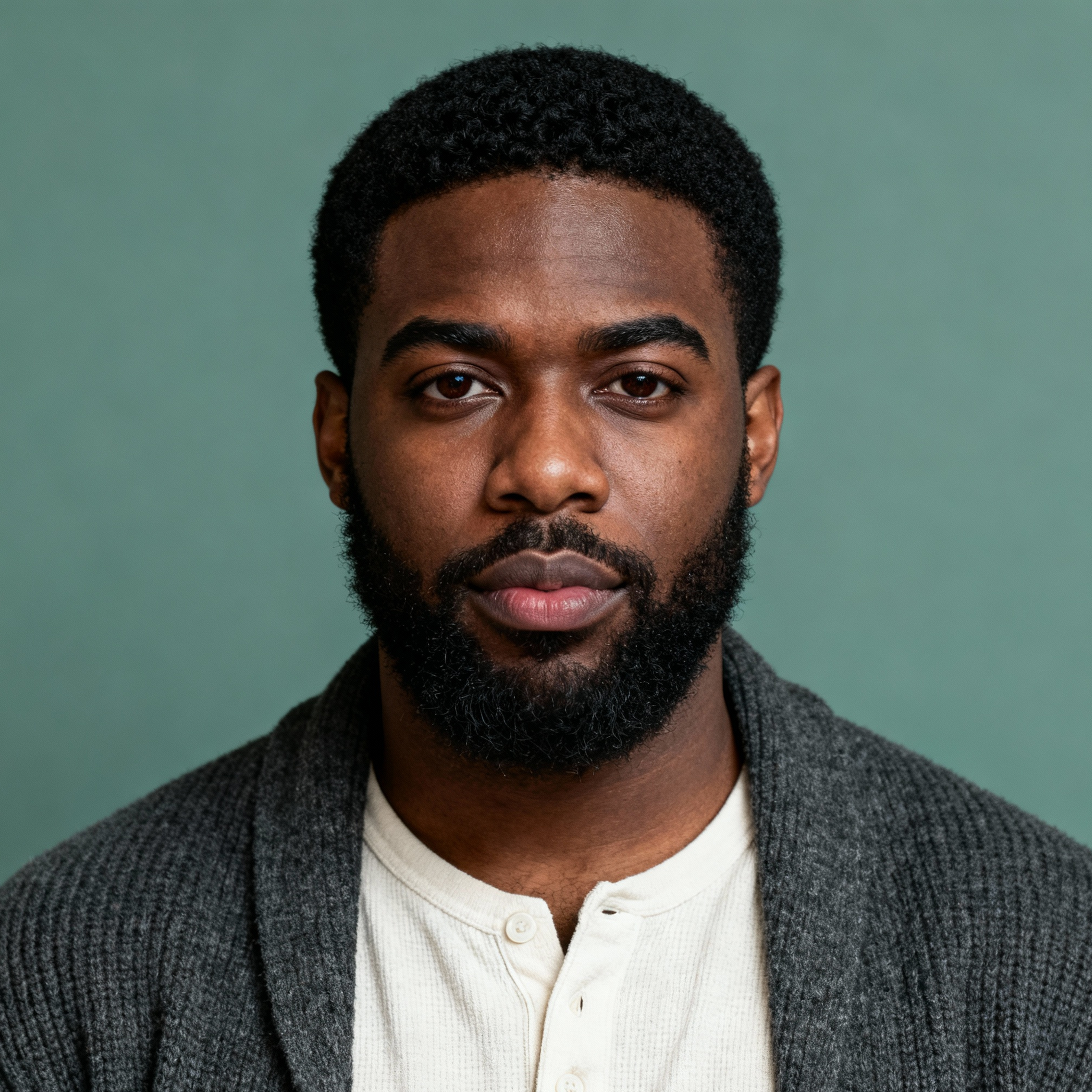 AI-generated portrait of a young man with short curly hair and a full beard, wearing a knit sweater, posed with a neutral expression against a muted green background in soft lighting.