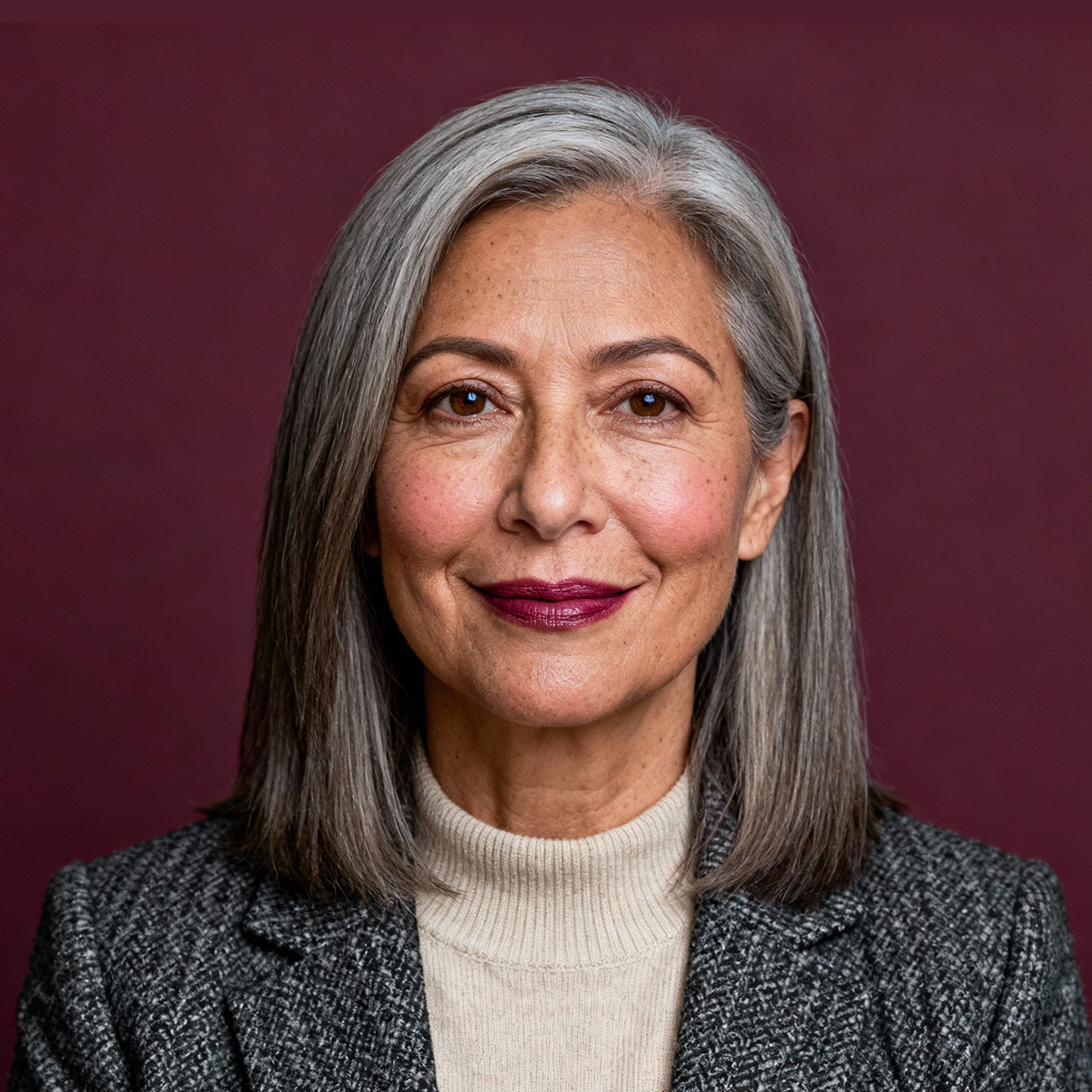AI-generated portrait of a middle-aged woman with long gray hair, wearing a blazer, posed with a calm expression against a deep maroon background with soft lighting.