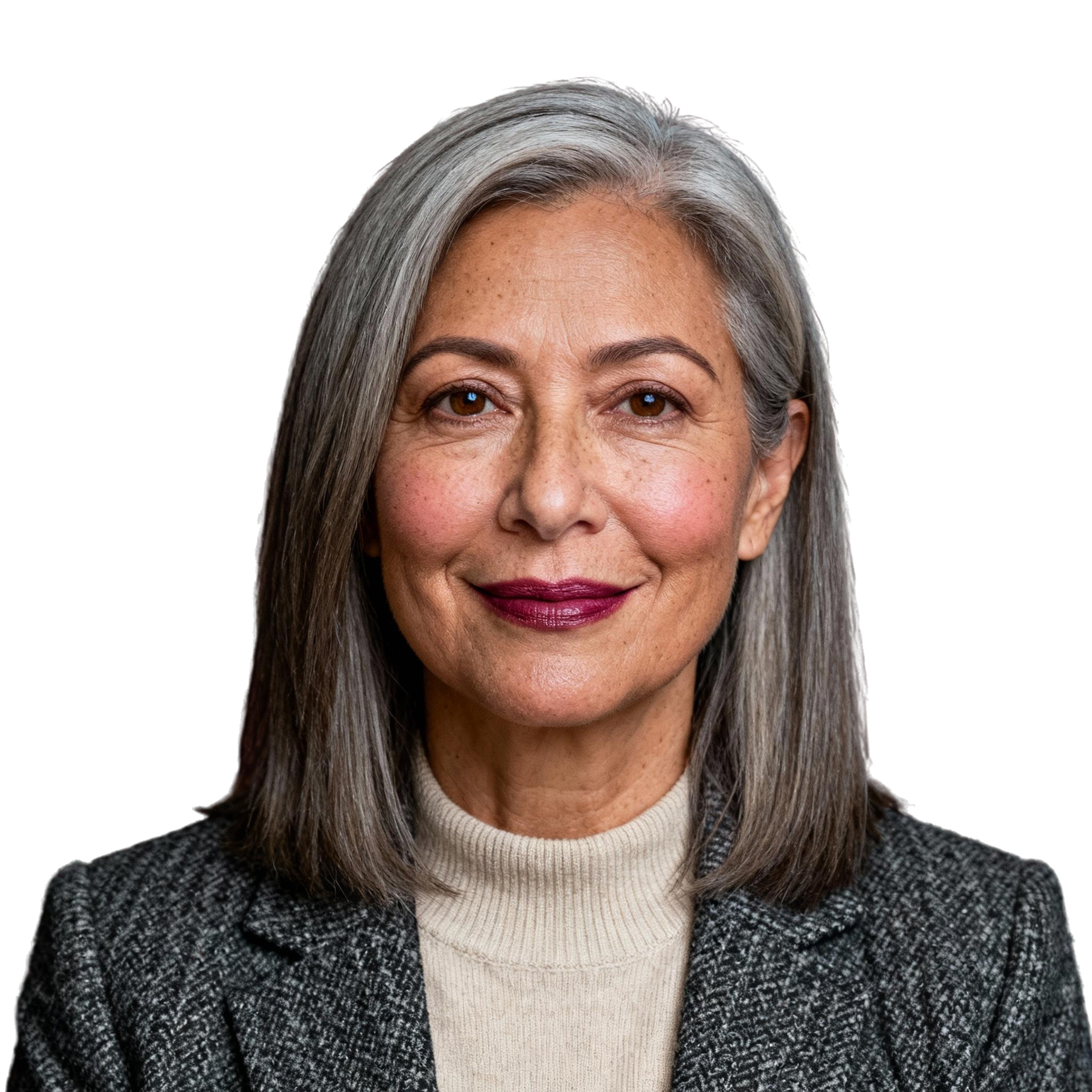AI-generated portrait of a middle-aged woman with long gray hair, wearing a blazer, posed with a calm expression against a transparent background with soft lighting.