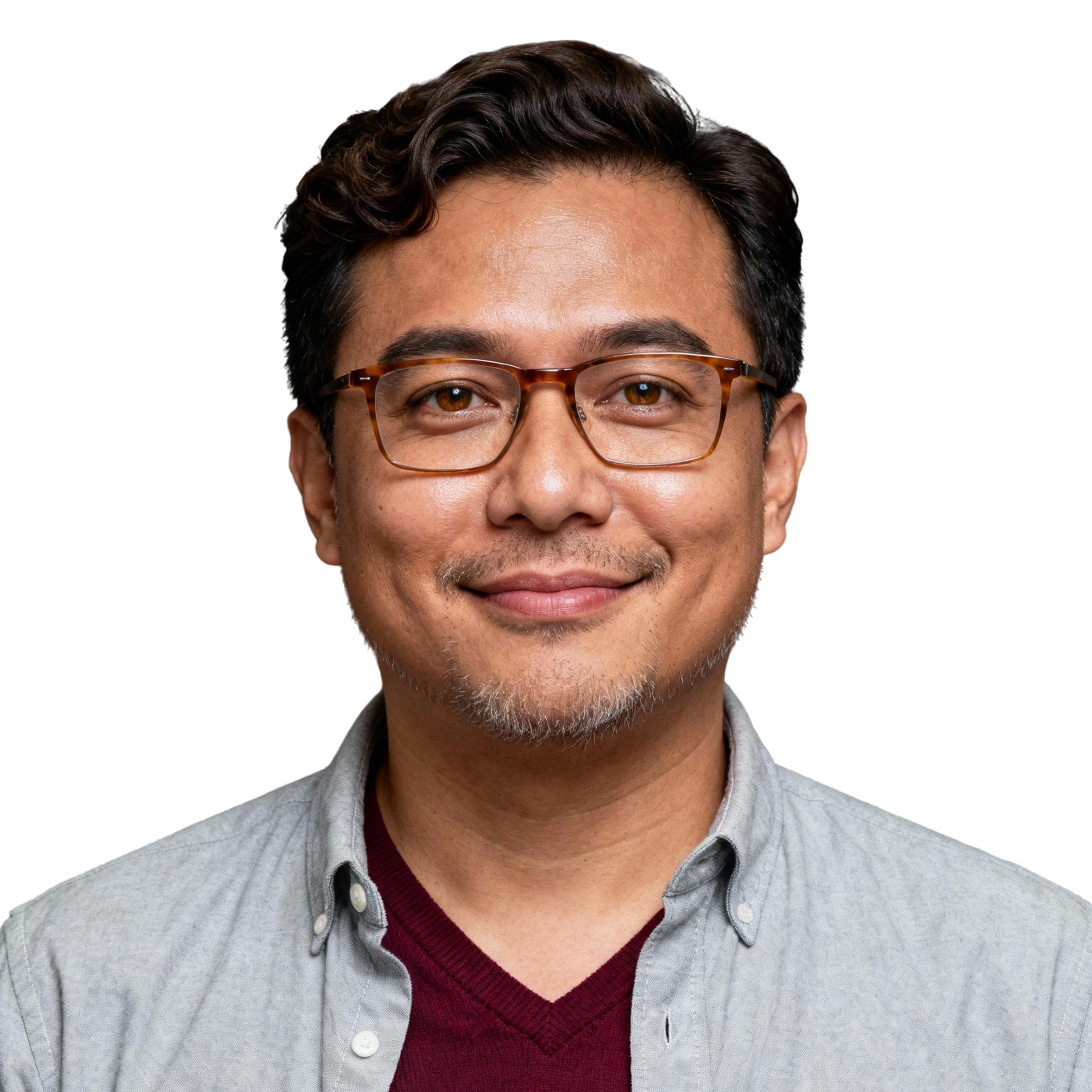 AI-generated portrait of a young man with short curly hair and glasses, wearing a button-up shirt and cardigan, posed with a soft smile against a transparent background in diffused light.