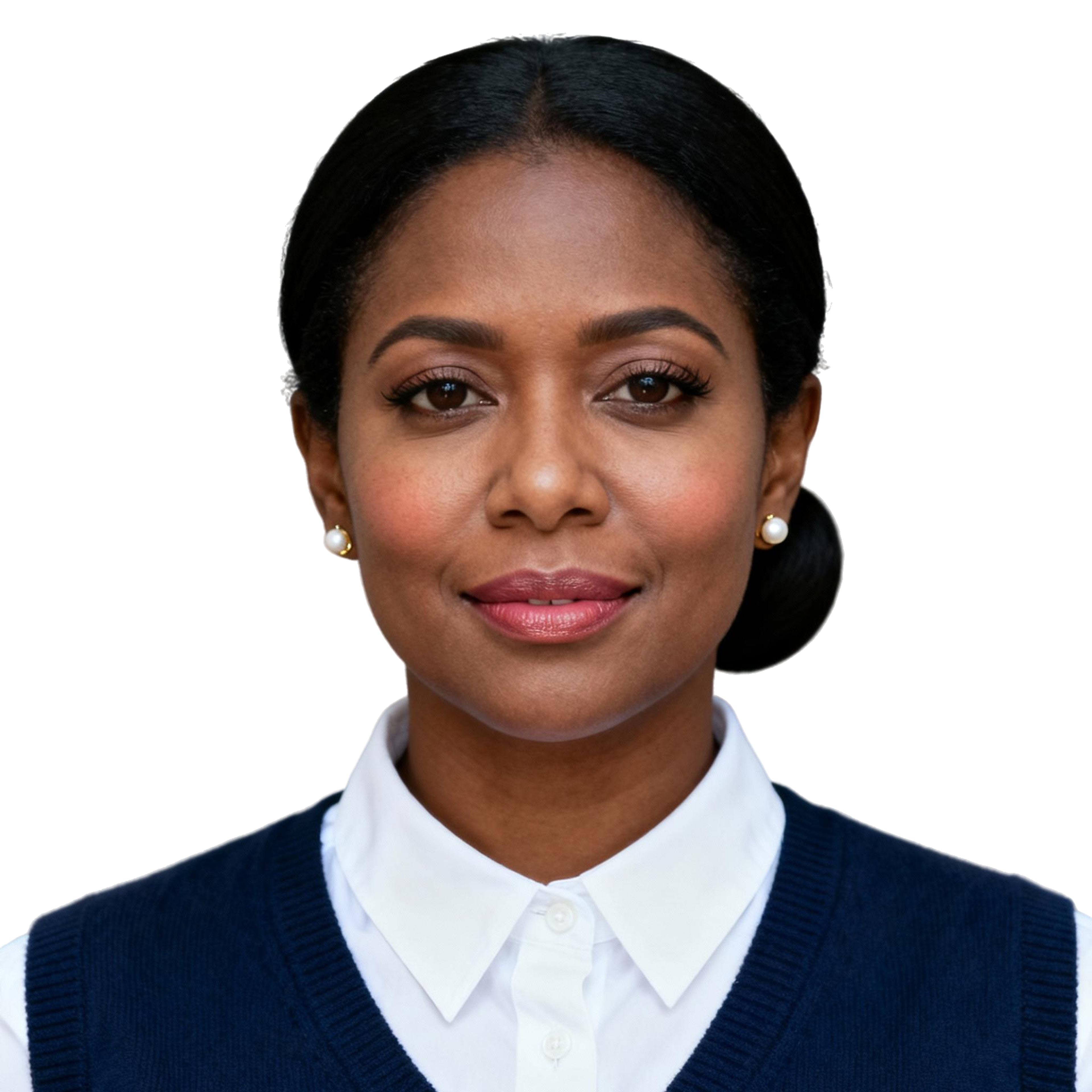 AI-generated portrait of a young woman with braided hair pulled back, wearing a sweater vest over a collared shirt, posed with a neutral expression against a transparent background in soft lighting.