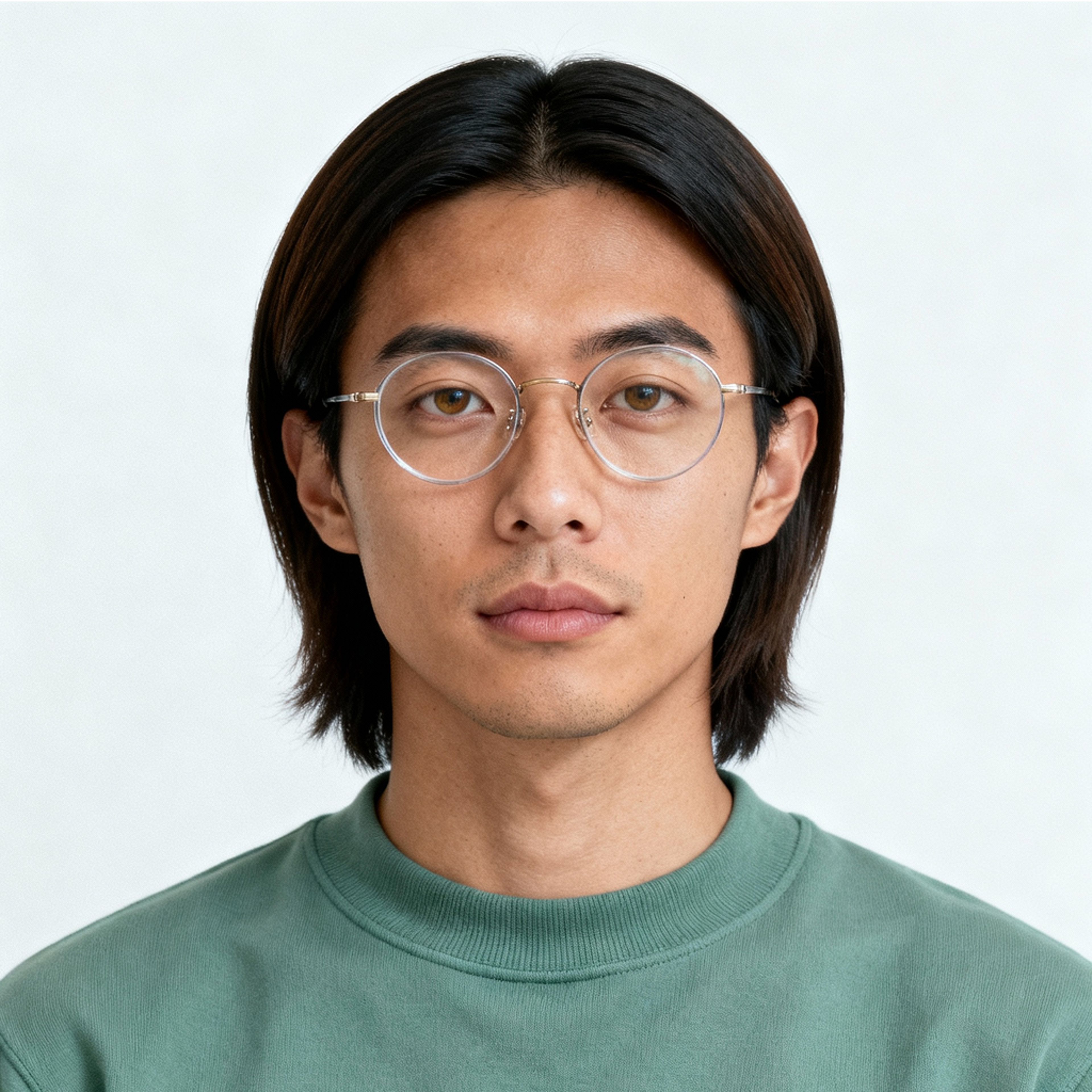 AI-generated portrait of a young man with medium-length straight hair and round glasses, wearing a casual sweatshirt, posed with a neutral expression against a pale background in soft light.