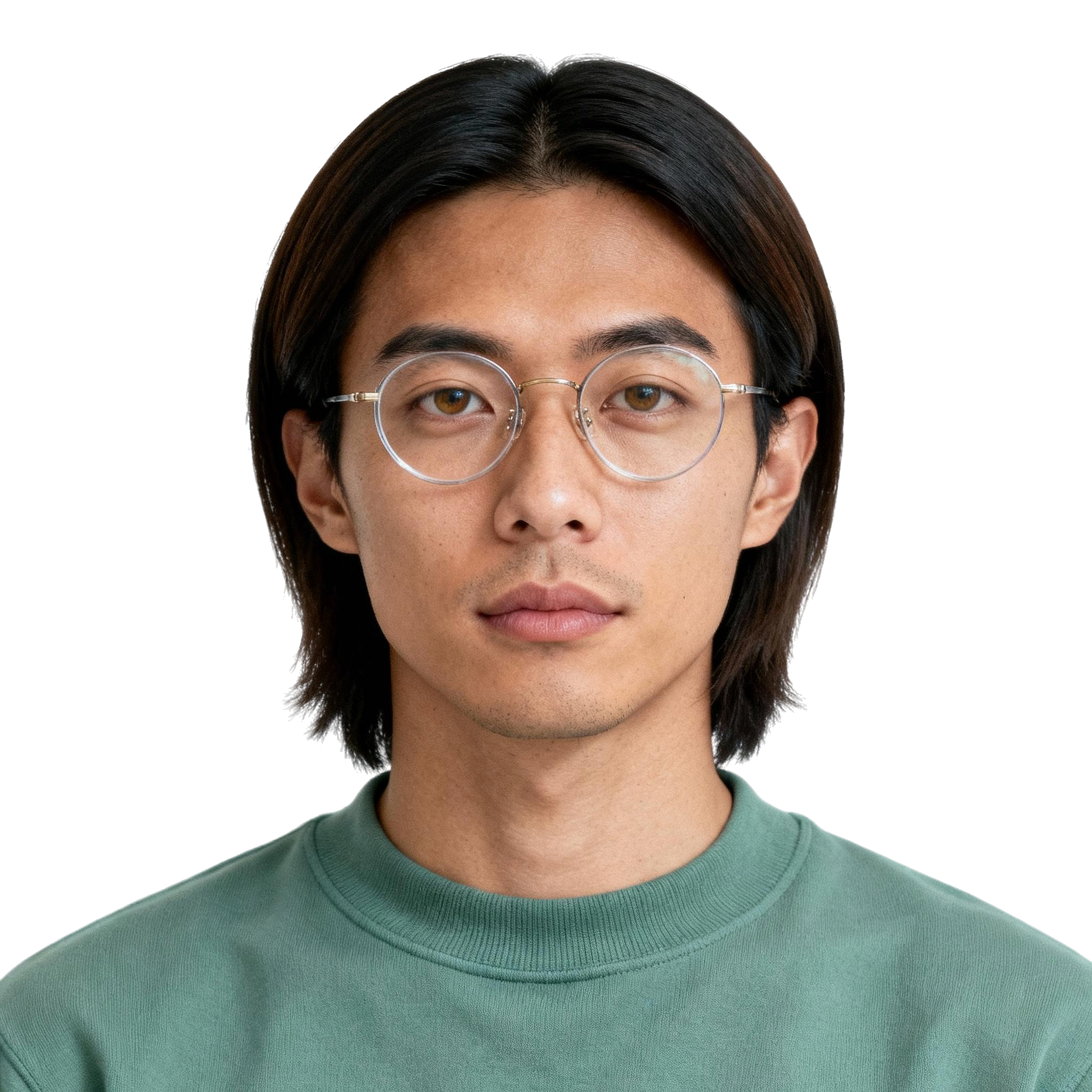 AI-generated portrait of a young man with medium-length straight hair and round glasses, wearing a casual sweatshirt, posed with a neutral expression against a transparent background in soft light.