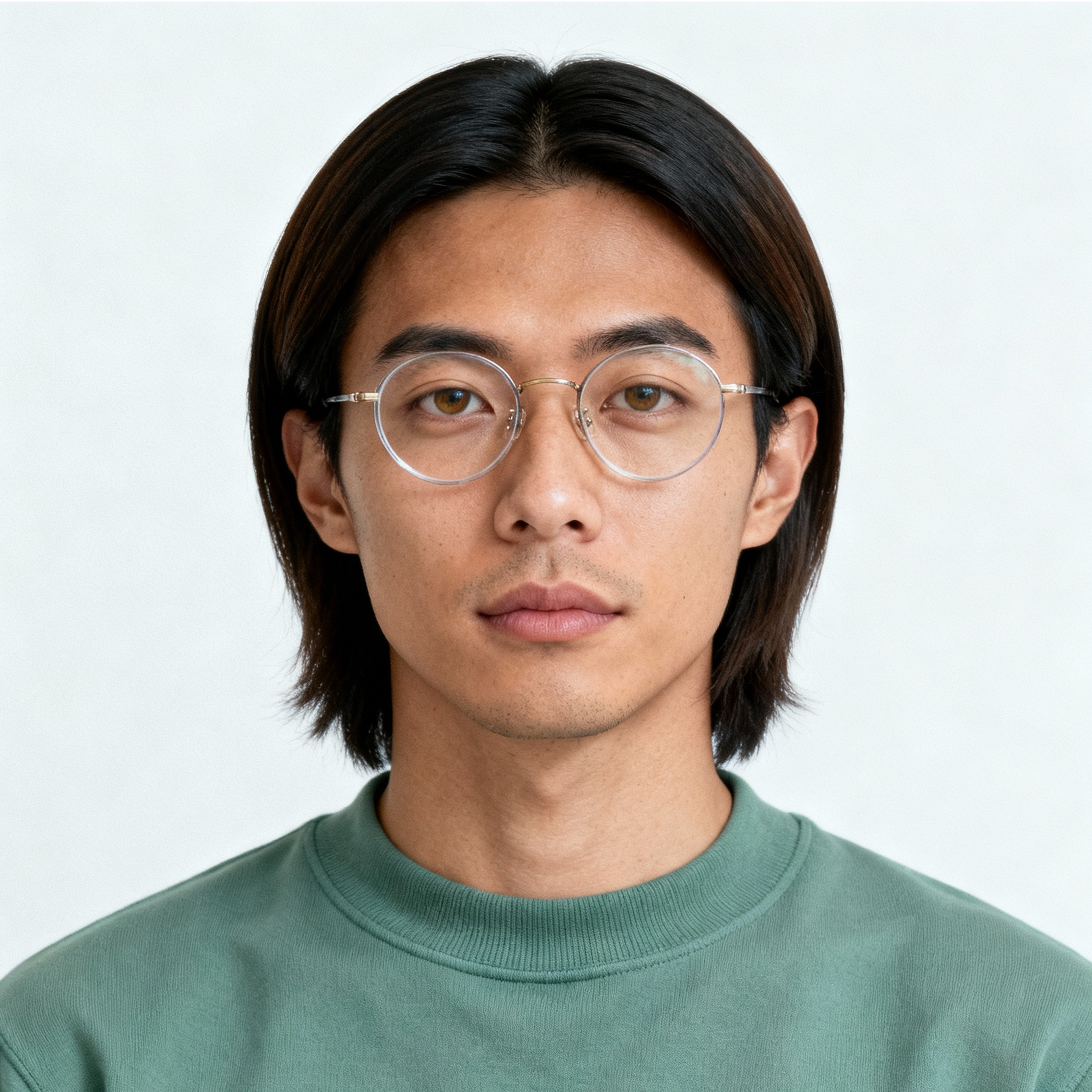 AI-generated portrait of a young man with medium-length straight hair and round glasses, wearing a casual sweatshirt, posed with a neutral expression against a pale background in soft light.
