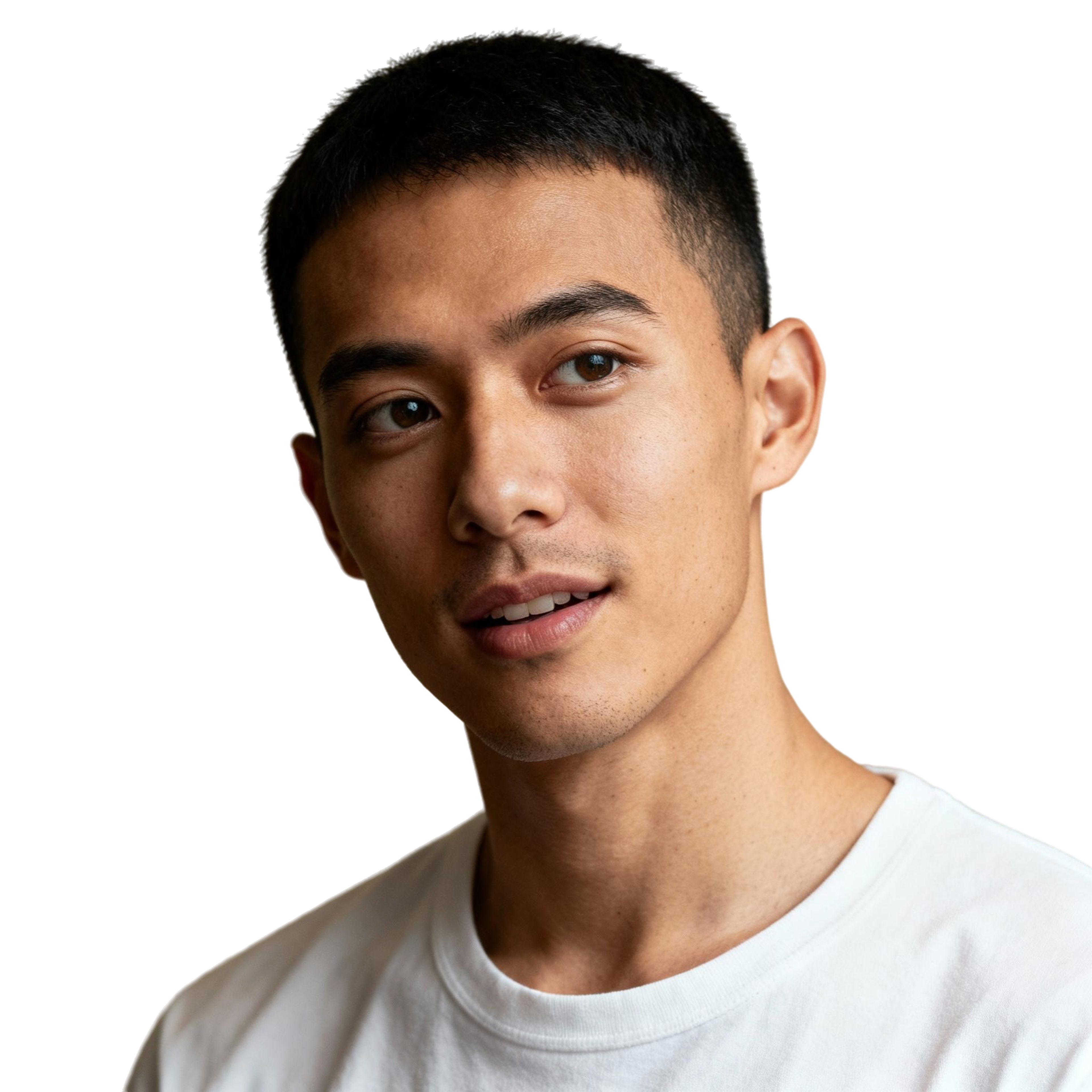 AI-generated portrait of a young man with short dark hair and smooth facial features, wearing a light casual top, posed with a relaxed expression against a transparent background in soft natural light.
