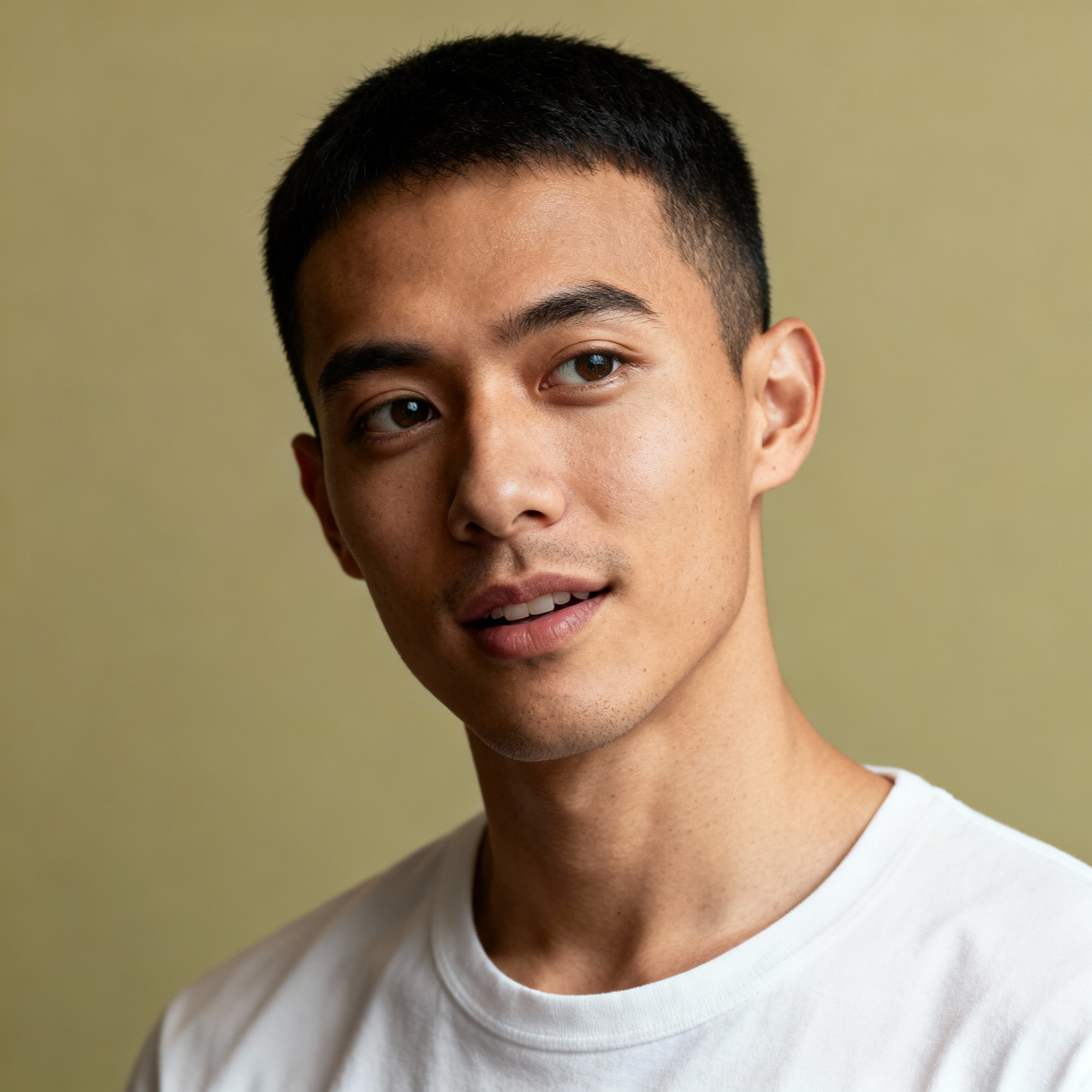 AI-generated portrait of a young man with short dark hair and smooth facial features, wearing a light casual top, posed with a relaxed expression against a warm neutral background in soft natural light.