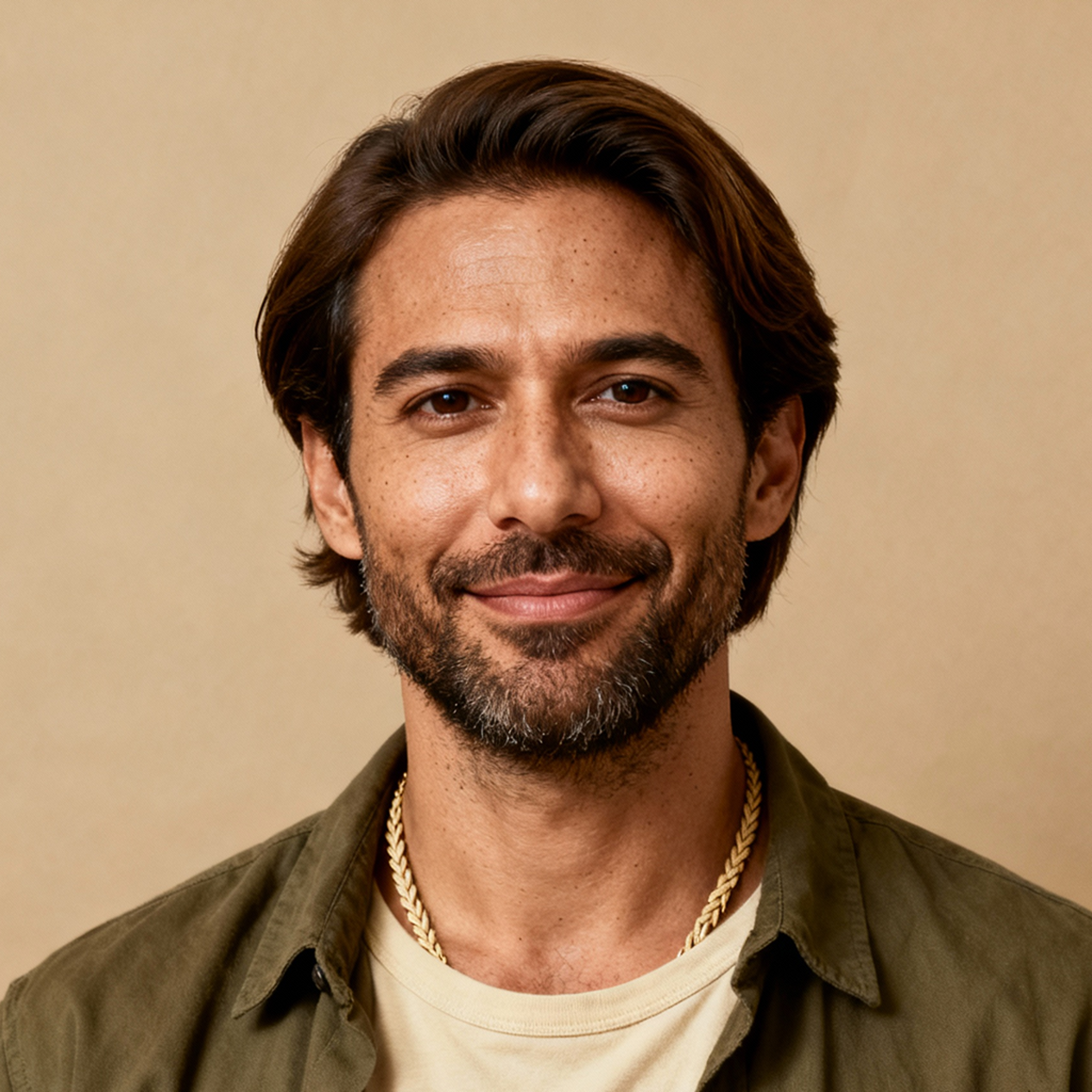 AI-generated portrait of a young man with medium-length hair and light stubble, wearing a casual jacket over a shirt, posed with an approachable expression against a warm beige background in soft light.