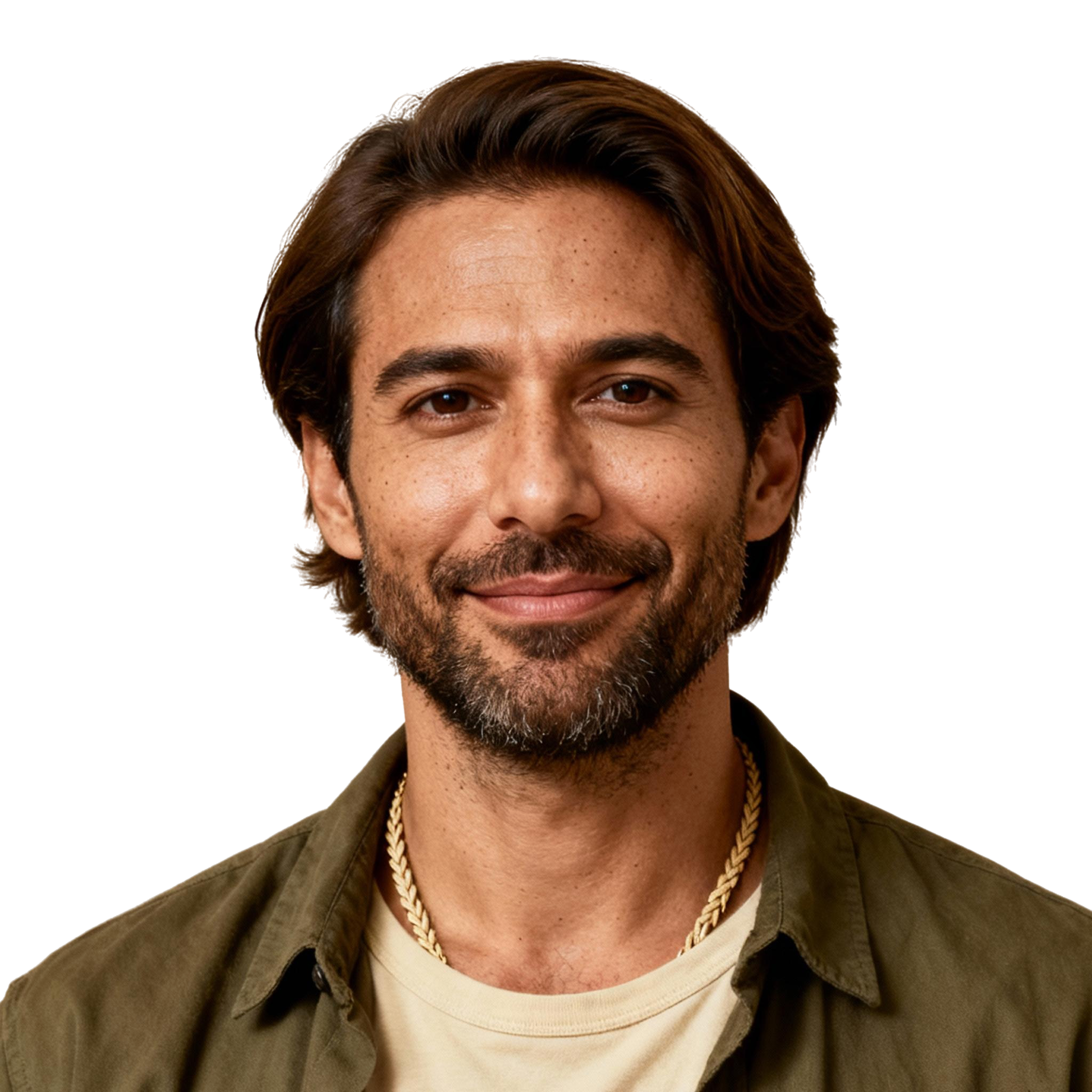 AI-generated portrait of a young man with medium-length hair and light stubble, wearing a casual jacket over a shirt, posed with an approachable expression against a transparent background in soft light.
