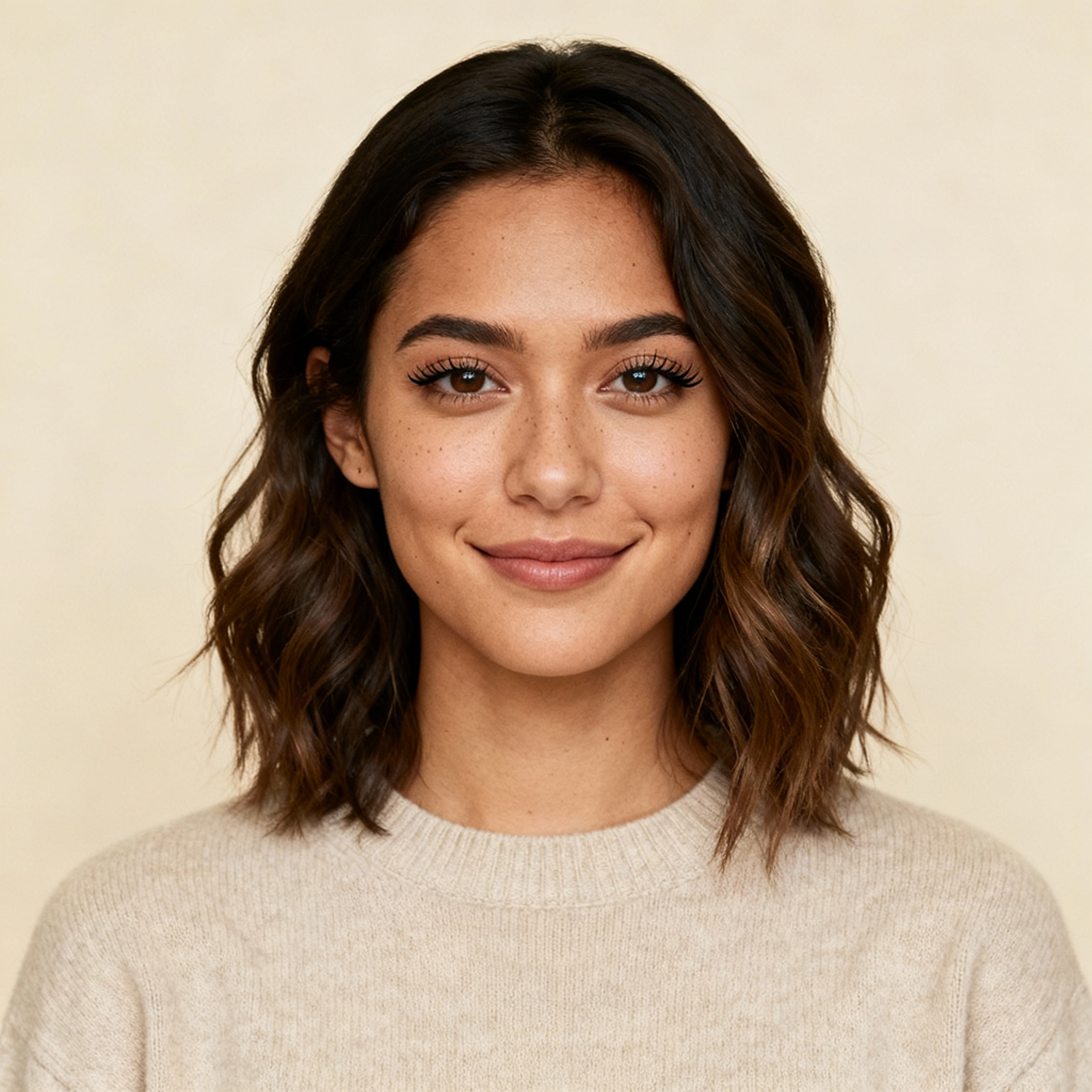 AI-generated portrait of a young woman with shoulder-length hair and natural makeup, wearing a simple casual top, posed with a gentle smile against a warm neutral background in diffused light.