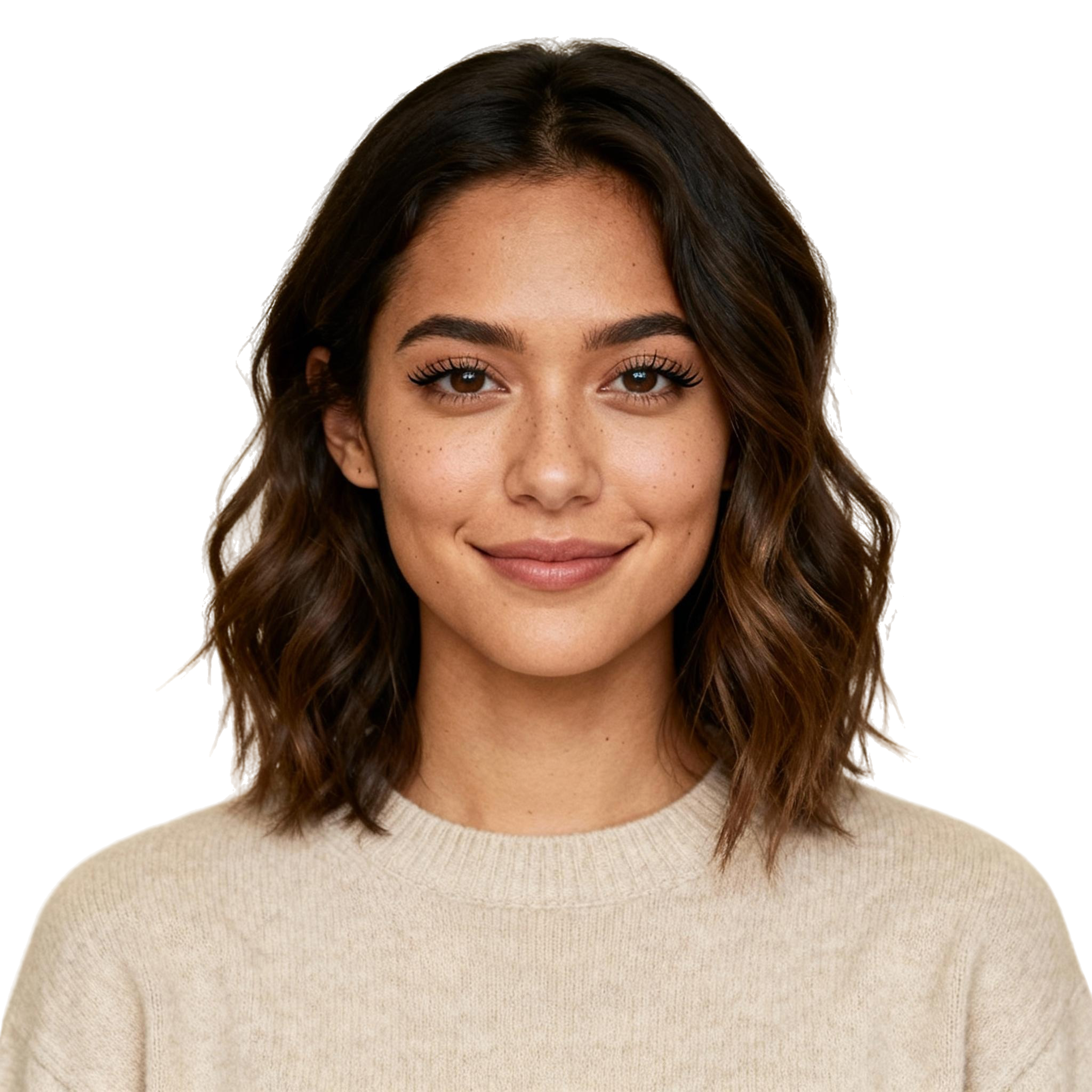 AI-generated portrait of a young woman with shoulder-length hair and natural makeup, wearing a simple casual top, posed with a gentle smile against a transparent background in diffused light.