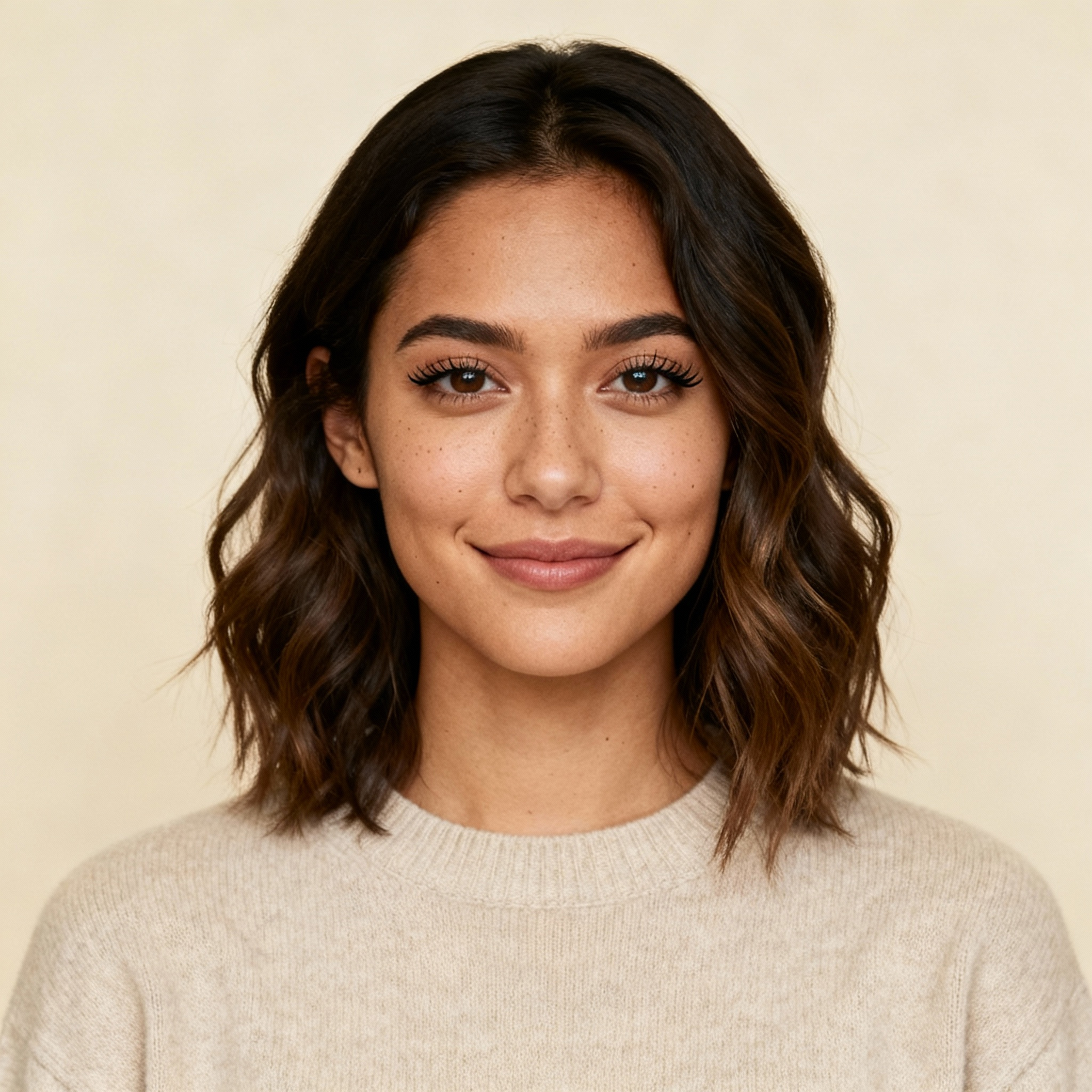 AI-generated portrait of a young woman with shoulder-length hair and natural makeup, wearing a simple casual top, posed with a gentle smile against a warm neutral background in diffused light.