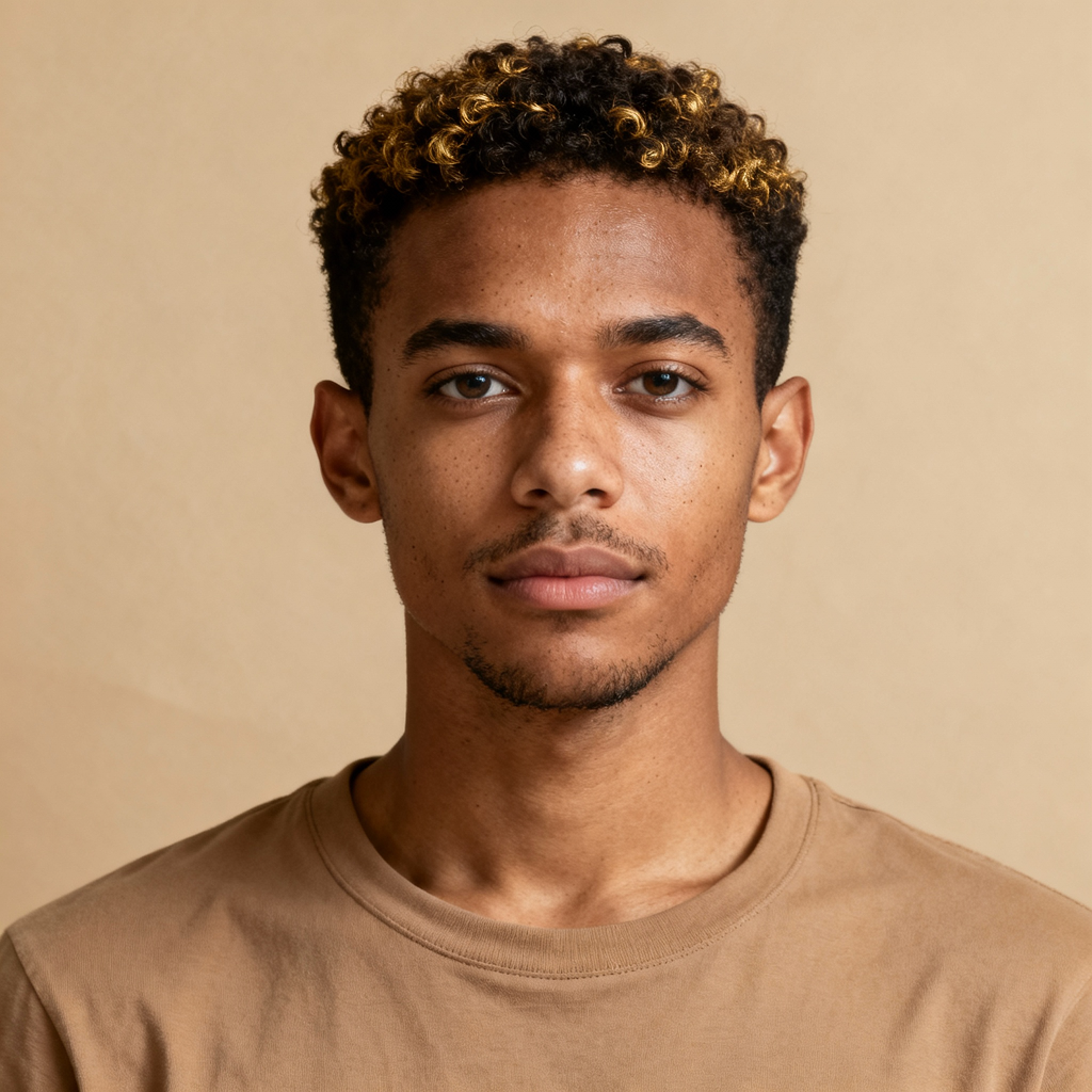 AI-generated portrait of a young man with short curly hair and defined features, wearing a casual cotton shirt, posed with a neutral expression against a warm tan background in soft light.