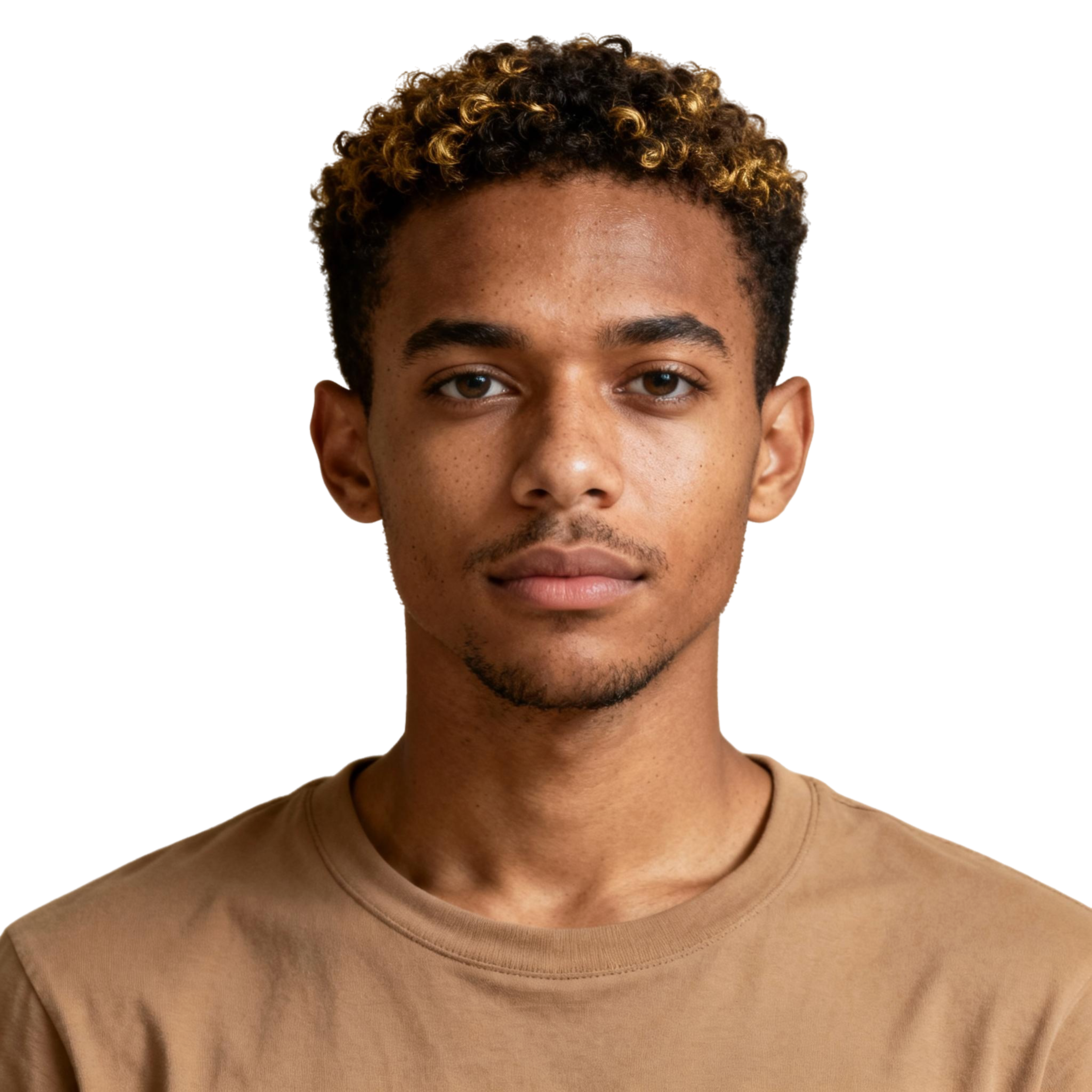 AI-generated portrait of a young man with short curly hair and defined features, wearing a casual cotton shirt, posed with a neutral expression against a transparent background in soft light.