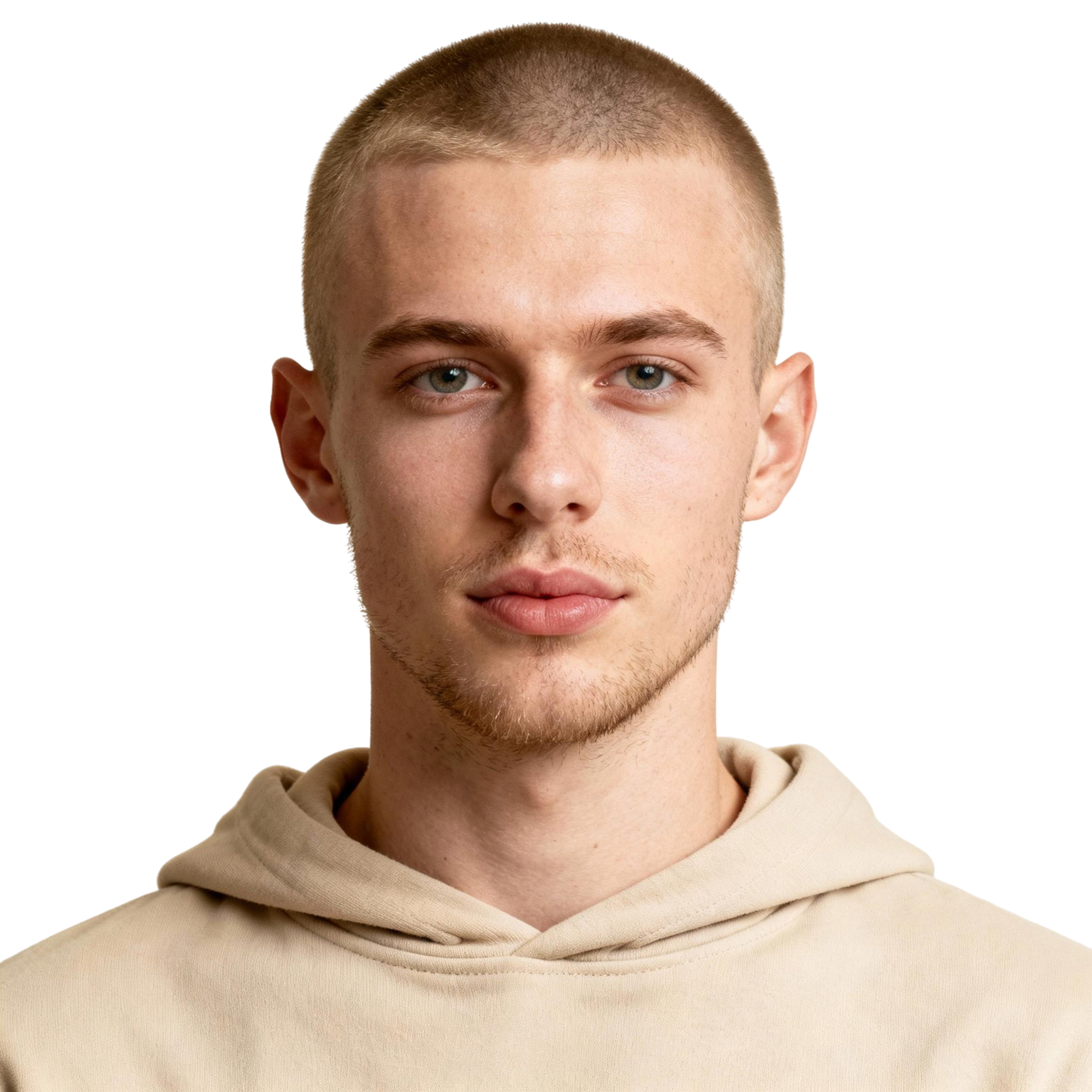 AI-generated portrait of a young man with closely cropped hair and smooth features, wearing a hoodie, posed with a neutral expression against a transparent background in soft light.