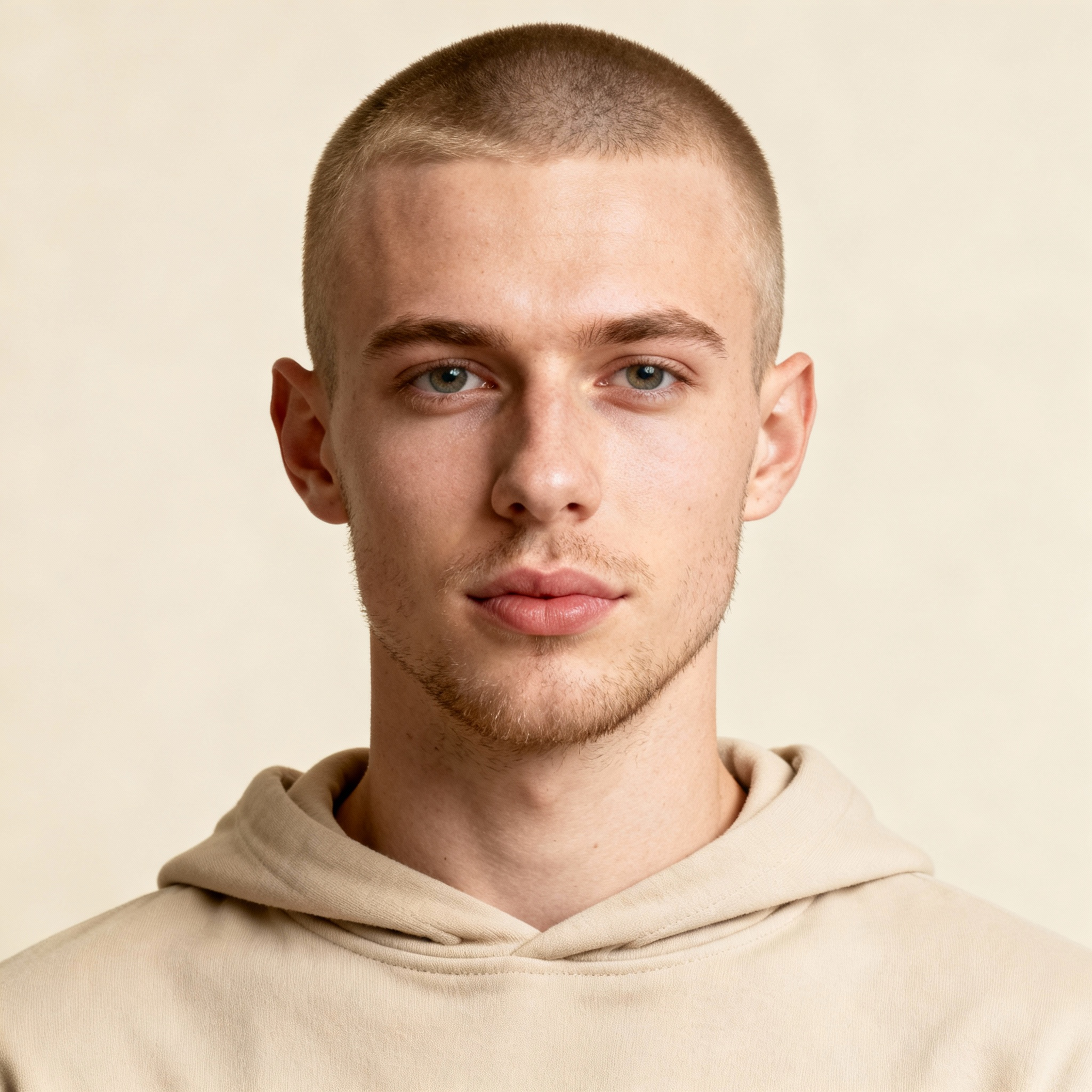 AI-generated portrait of a young man with closely cropped hair and smooth features, wearing a hoodie, posed with a neutral expression against a light beige background in soft light.