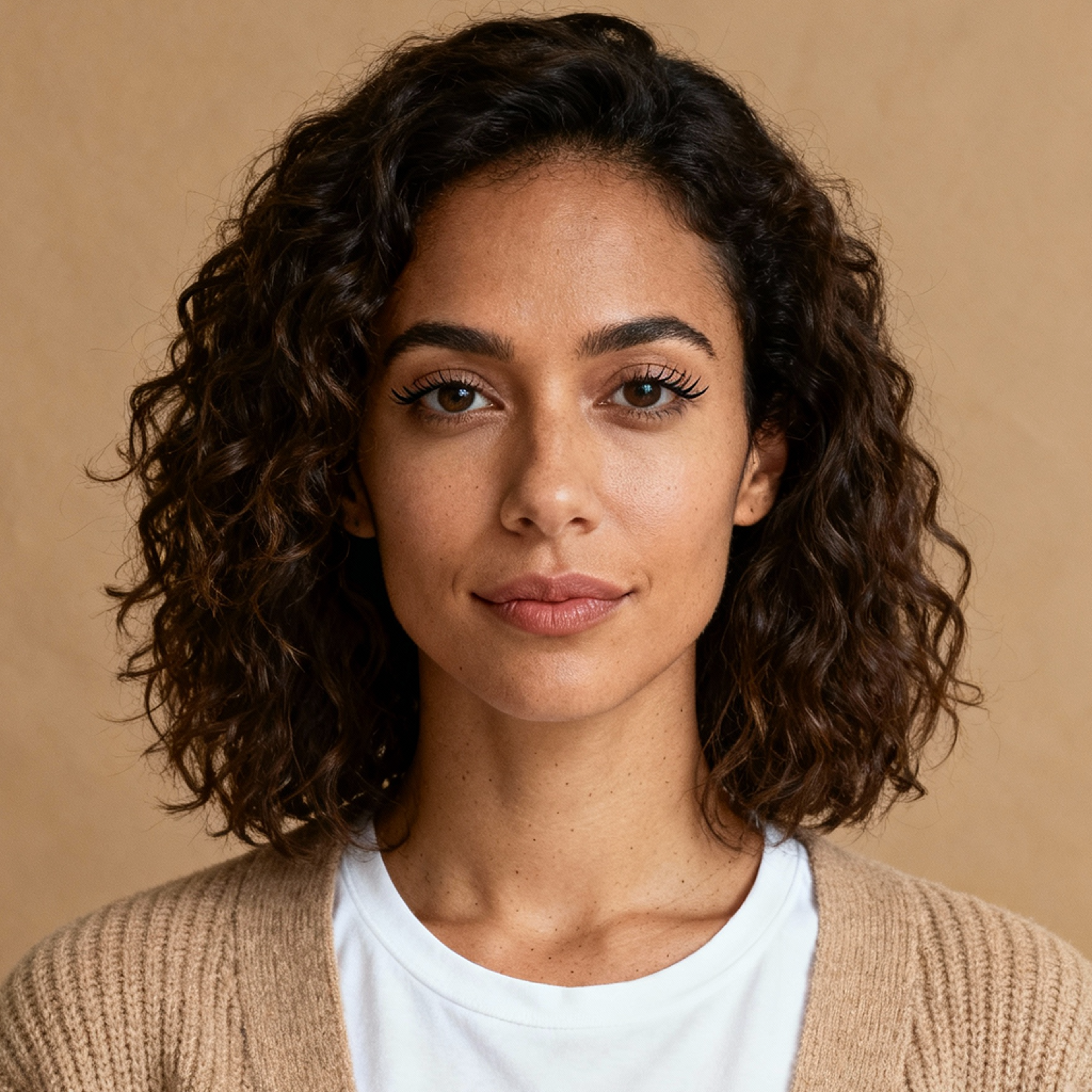 AI-generated portrait of a young woman with short curly hair and natural makeup, wearing a light cardigan and top, posed with a calm expression against a warm neutral background in diffused light.