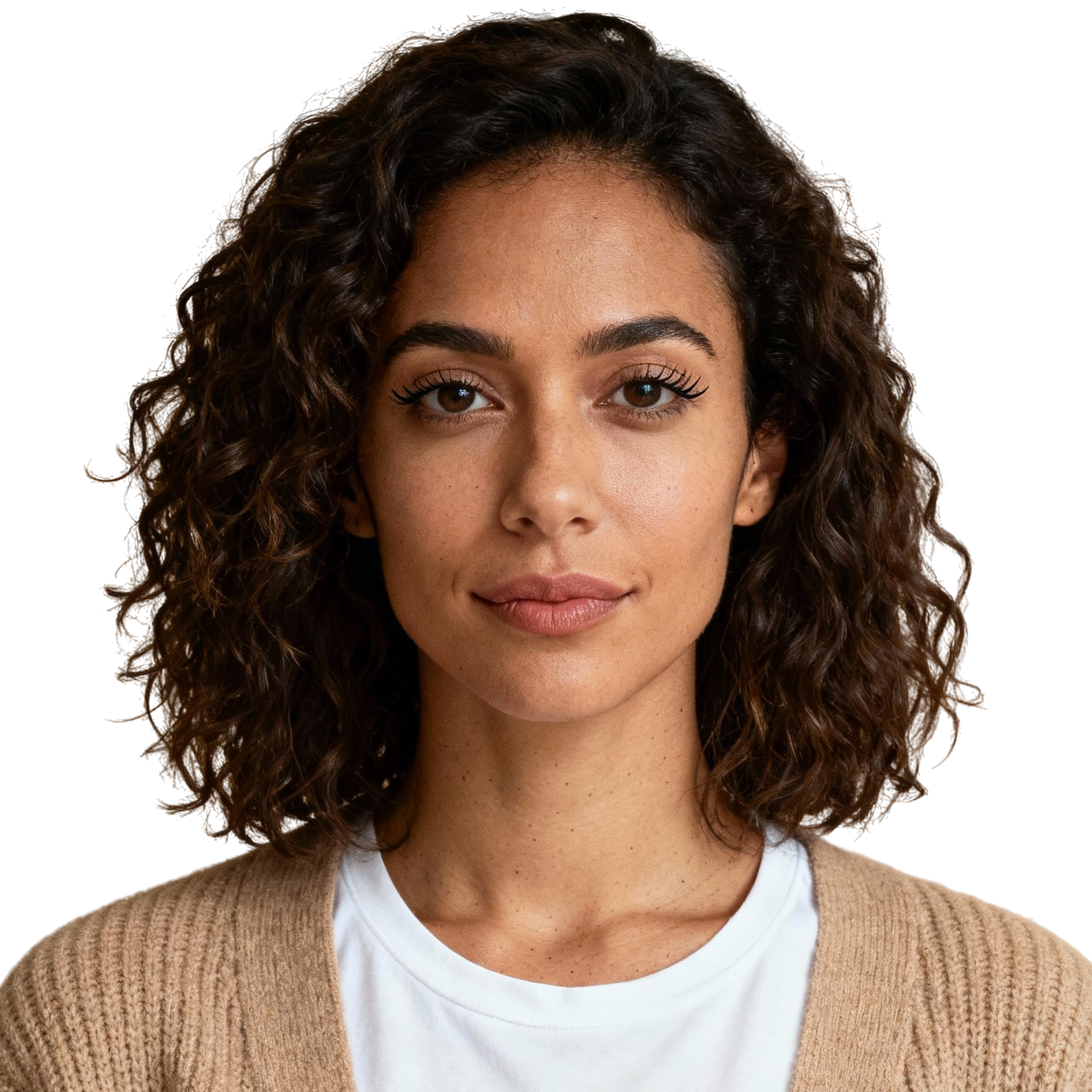 AI-generated portrait of a young woman with short curly hair and natural makeup, wearing a light cardigan and top, posed with a calm expression against a transparent background in diffused light.