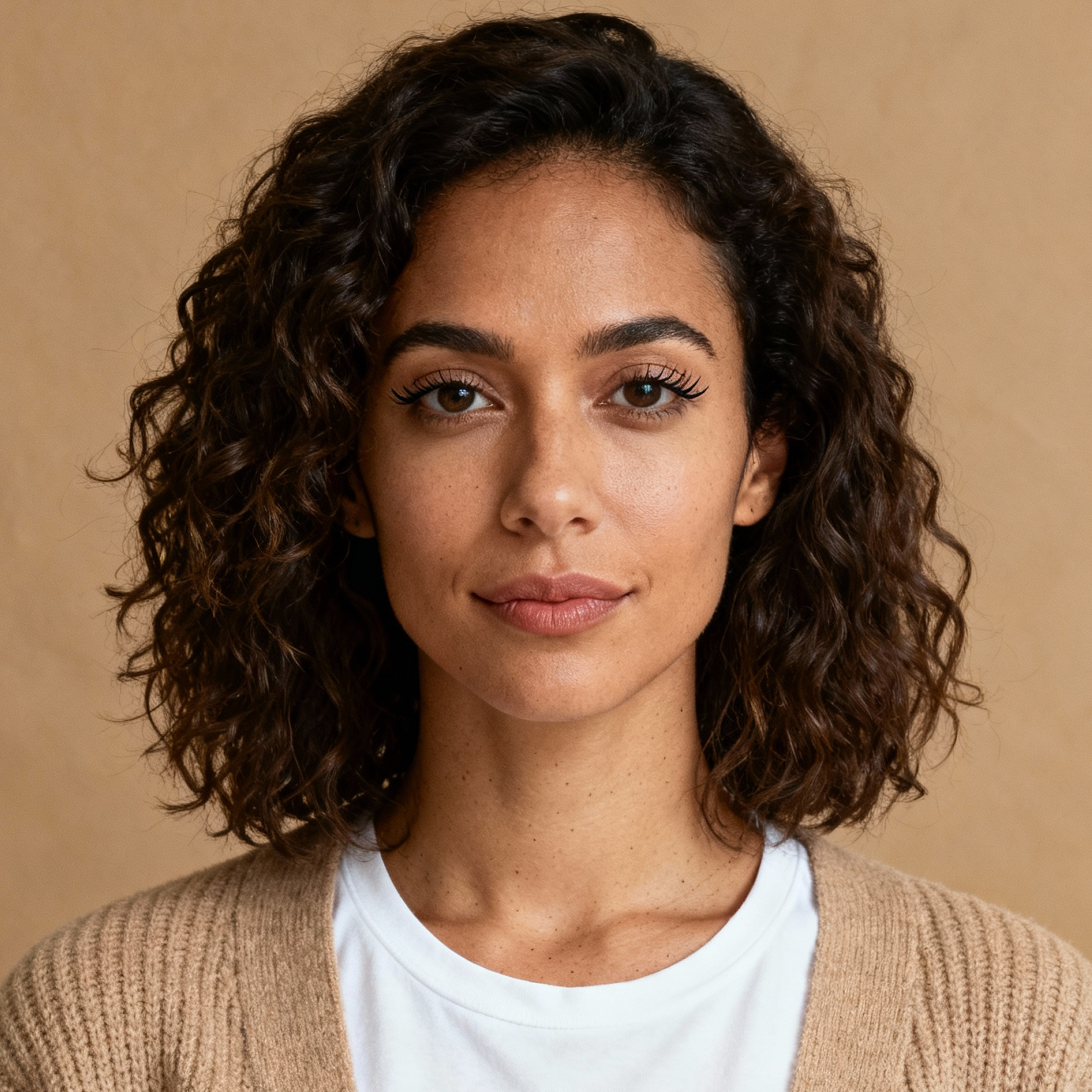AI-generated portrait of a young woman with short curly hair and natural makeup, wearing a light cardigan and top, posed with a calm expression against a warm neutral background in diffused light.