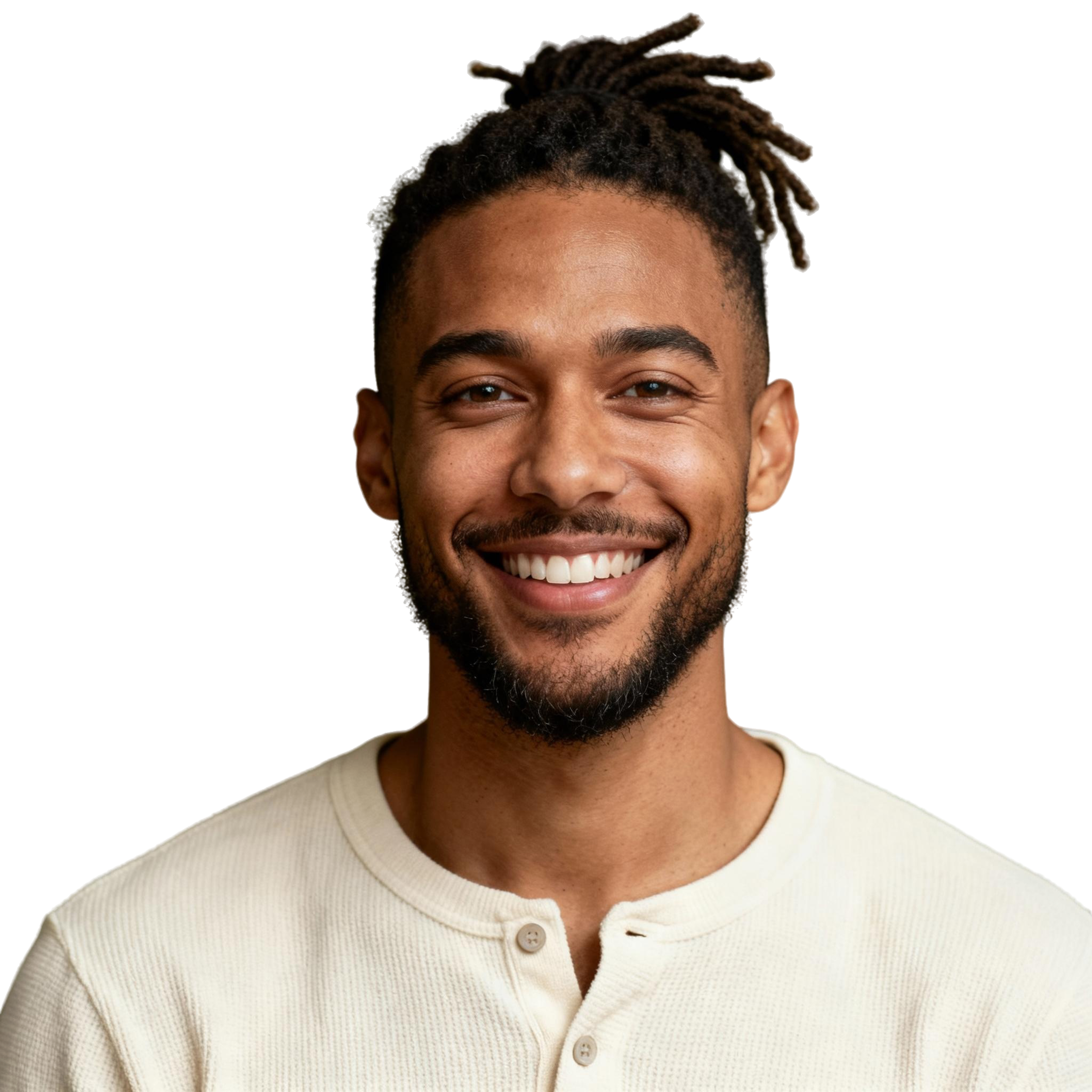 AI-generated portrait of a young man with pulled-back textured hair and short beard, wearing a casual shirt, posed with a smiling expression against a transparent background in soft light.