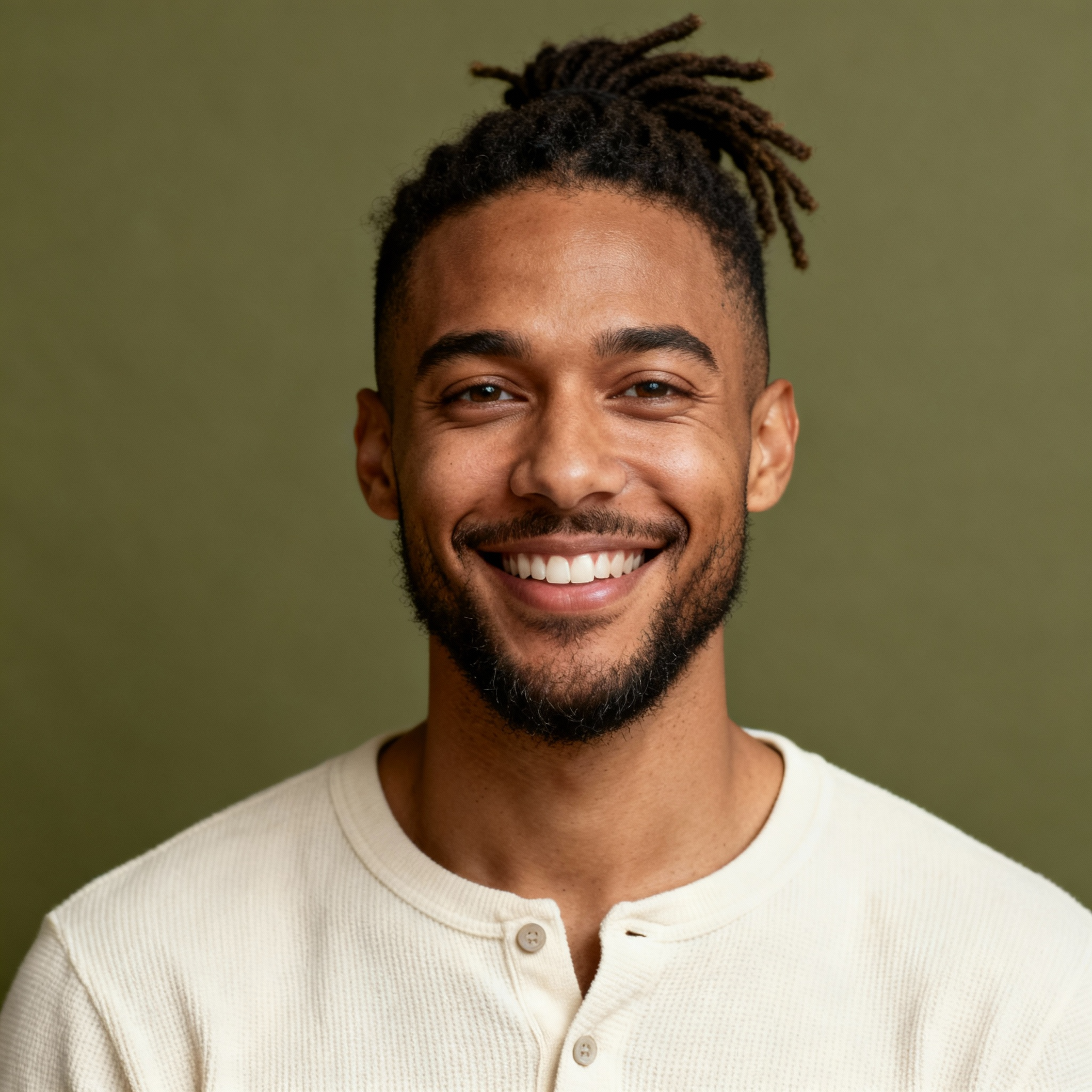 AI-generated portrait of a young man with pulled-back textured hair and short beard, wearing a casual shirt, posed with a smiling expression against a muted green background in soft light.