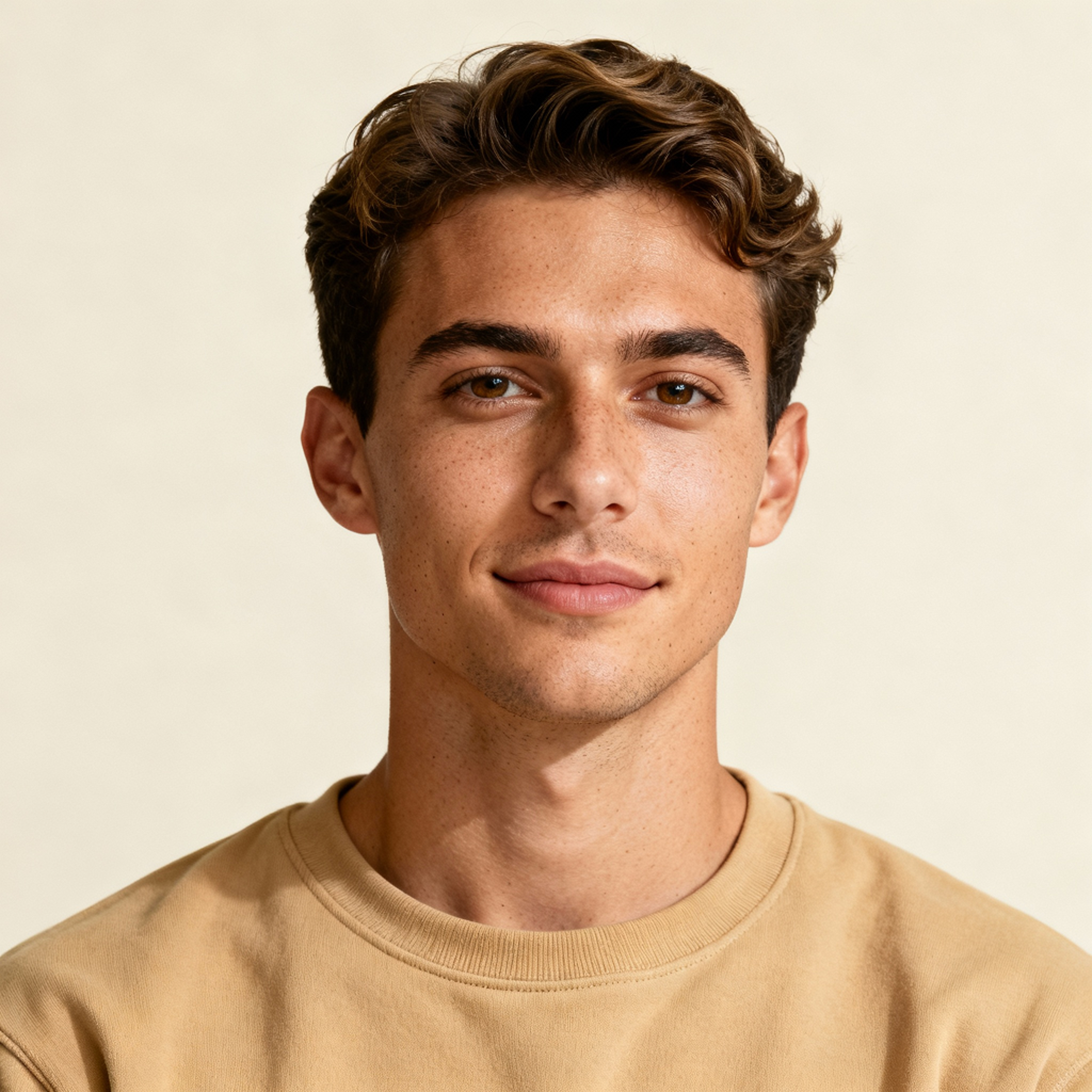 AI-generated portrait of a young man with neatly styled short hair and smooth features, wearing a casual crewneck shirt, posed with a relaxed expression against a warm neutral background in soft light.