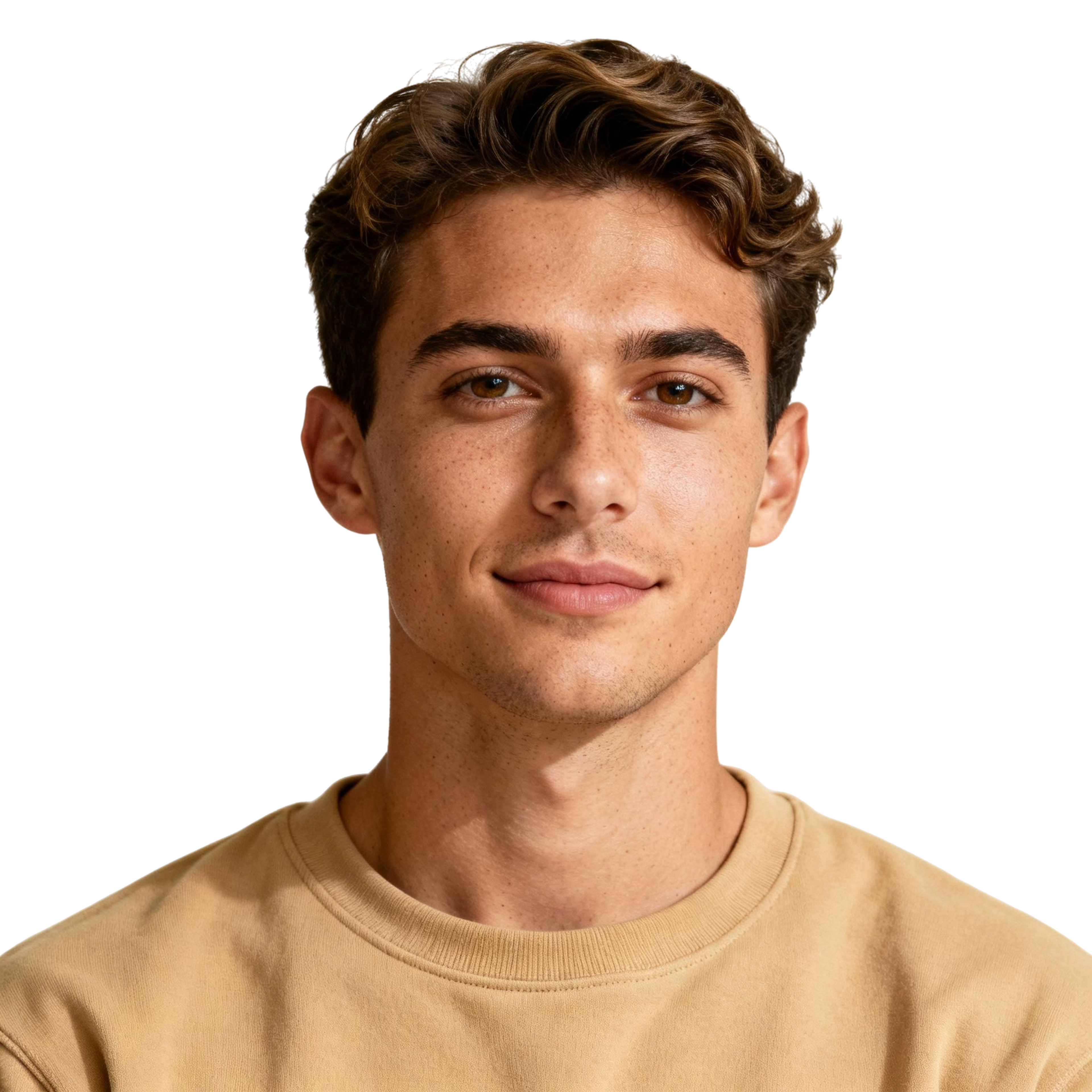 AI-generated portrait of a young man with neatly styled short hair and smooth features, wearing a casual crewneck shirt, posed with a relaxed expression against a transparent background in soft light.