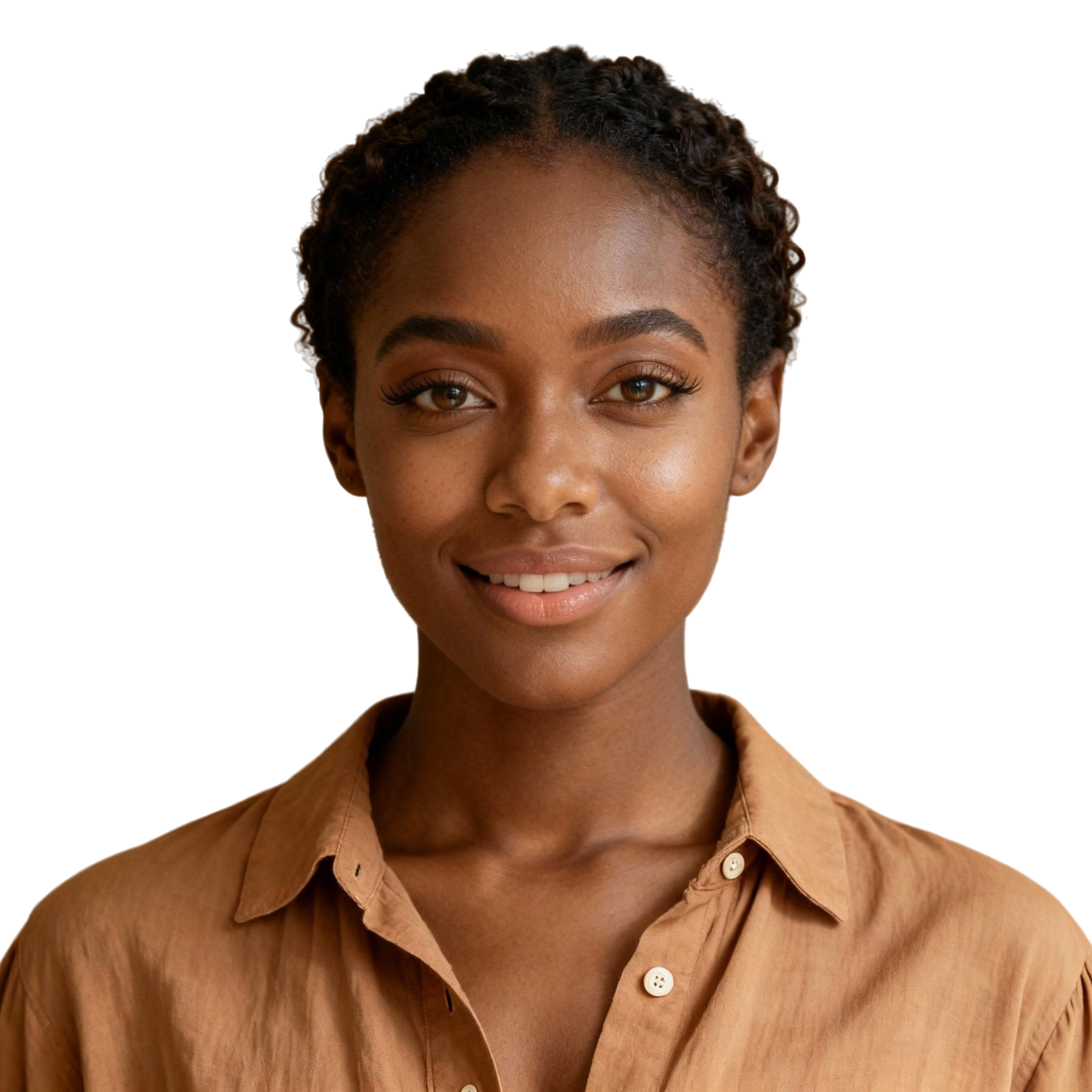 AI-generated portrait of a young woman with pulled-back hair and natural makeup, wearing a casual blouse, posed with a gentle expression against a transparent background in diffused light.