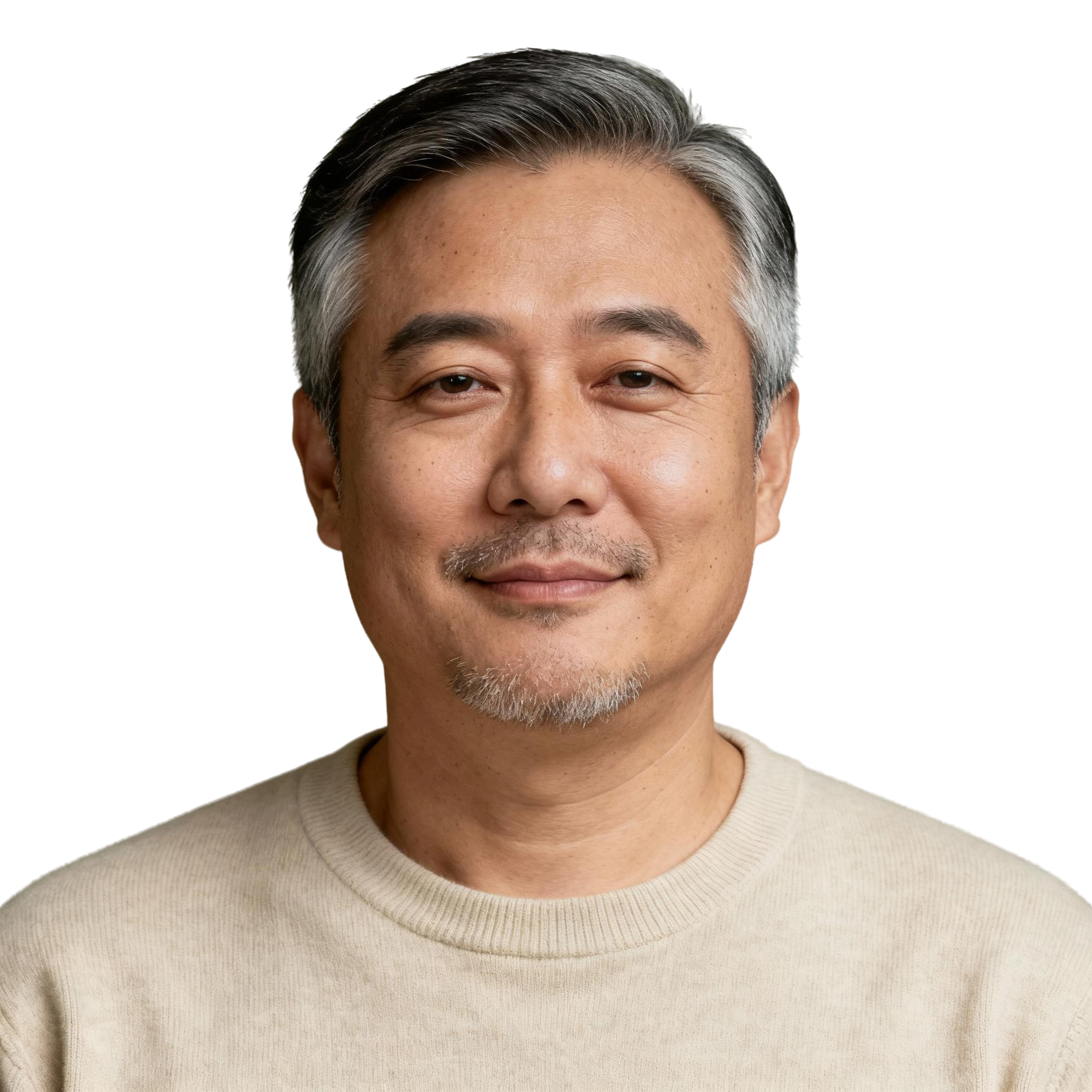 AI-generated portrait of a middle-aged man with short graying hair and trimmed facial hair, wearing a casual knit top, posed with a composed expression against a transparent background in soft light.