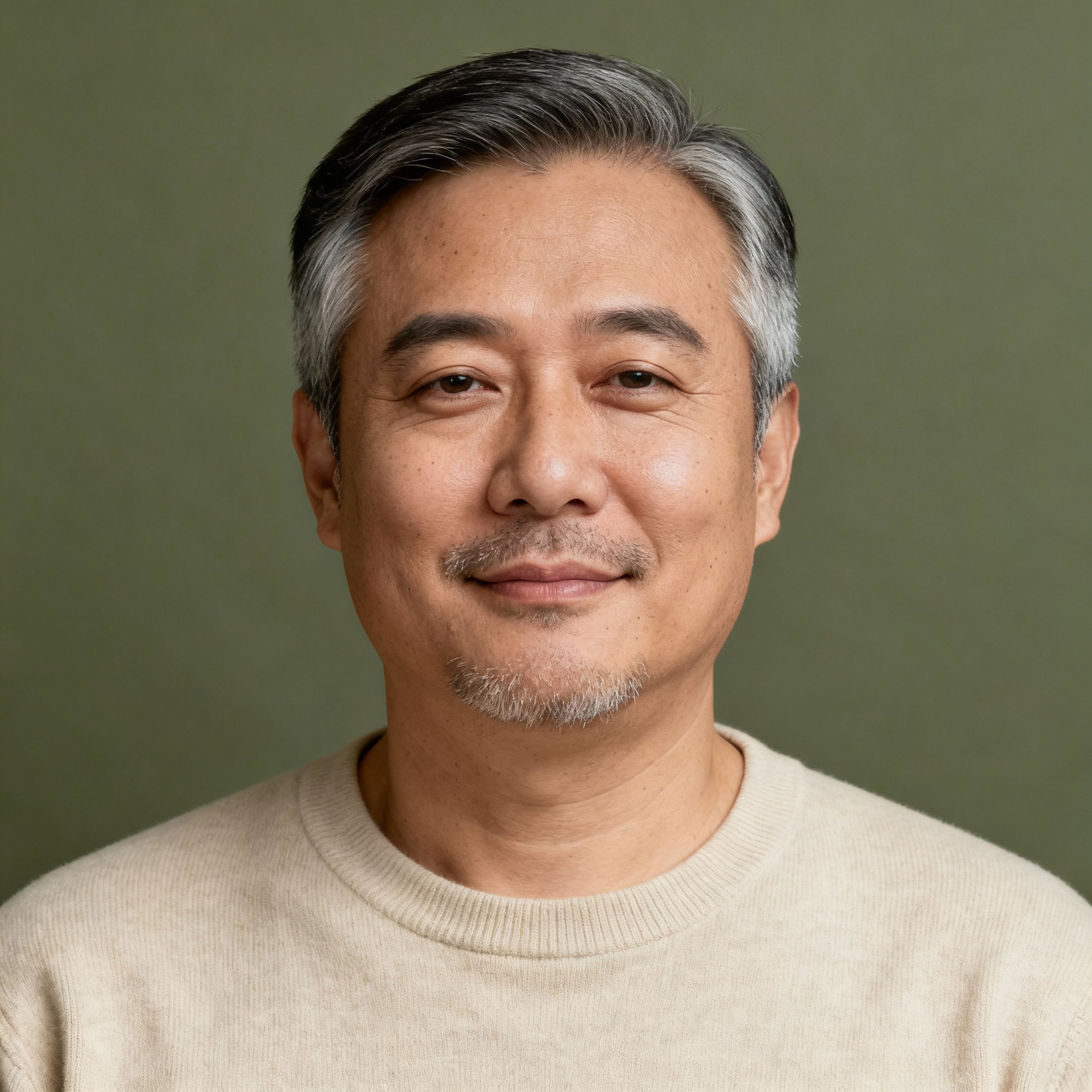 AI-generated portrait of a middle-aged man with short graying hair and trimmed facial hair, wearing a casual knit top, posed with a composed expression against a muted green background in soft light.