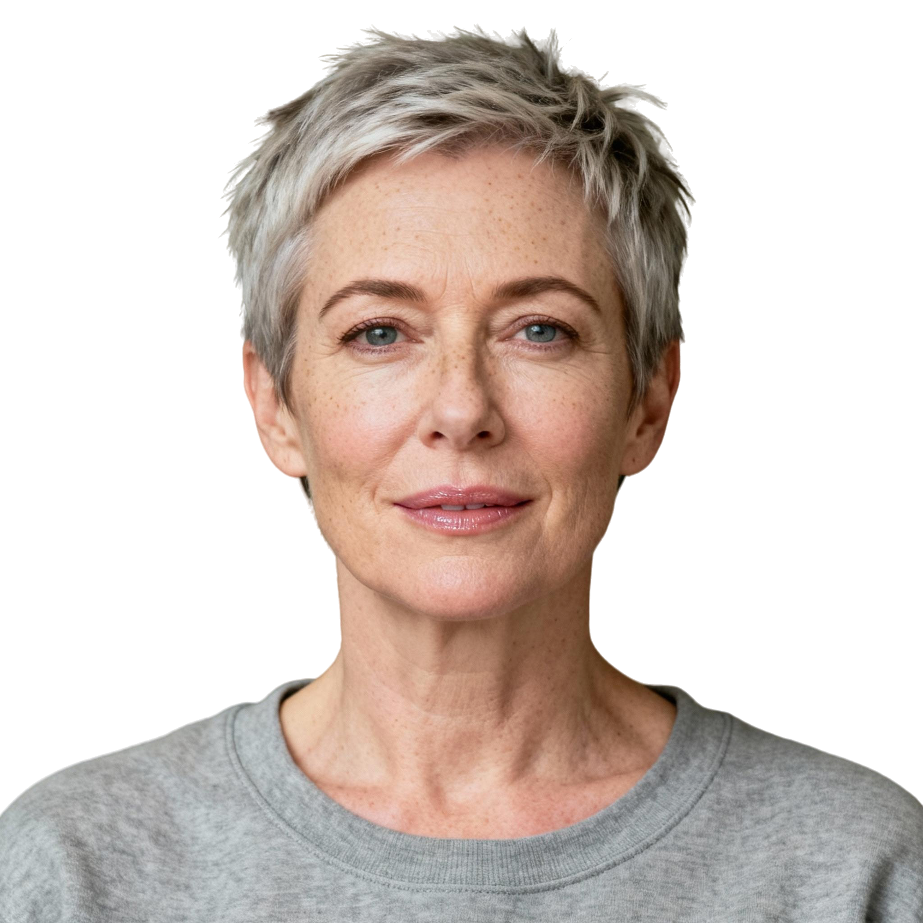 AI-generated portrait of a middle-aged woman with short gray hair and soft features, wearing a simple top, posed with a neutral expression against a transparent background in even light.