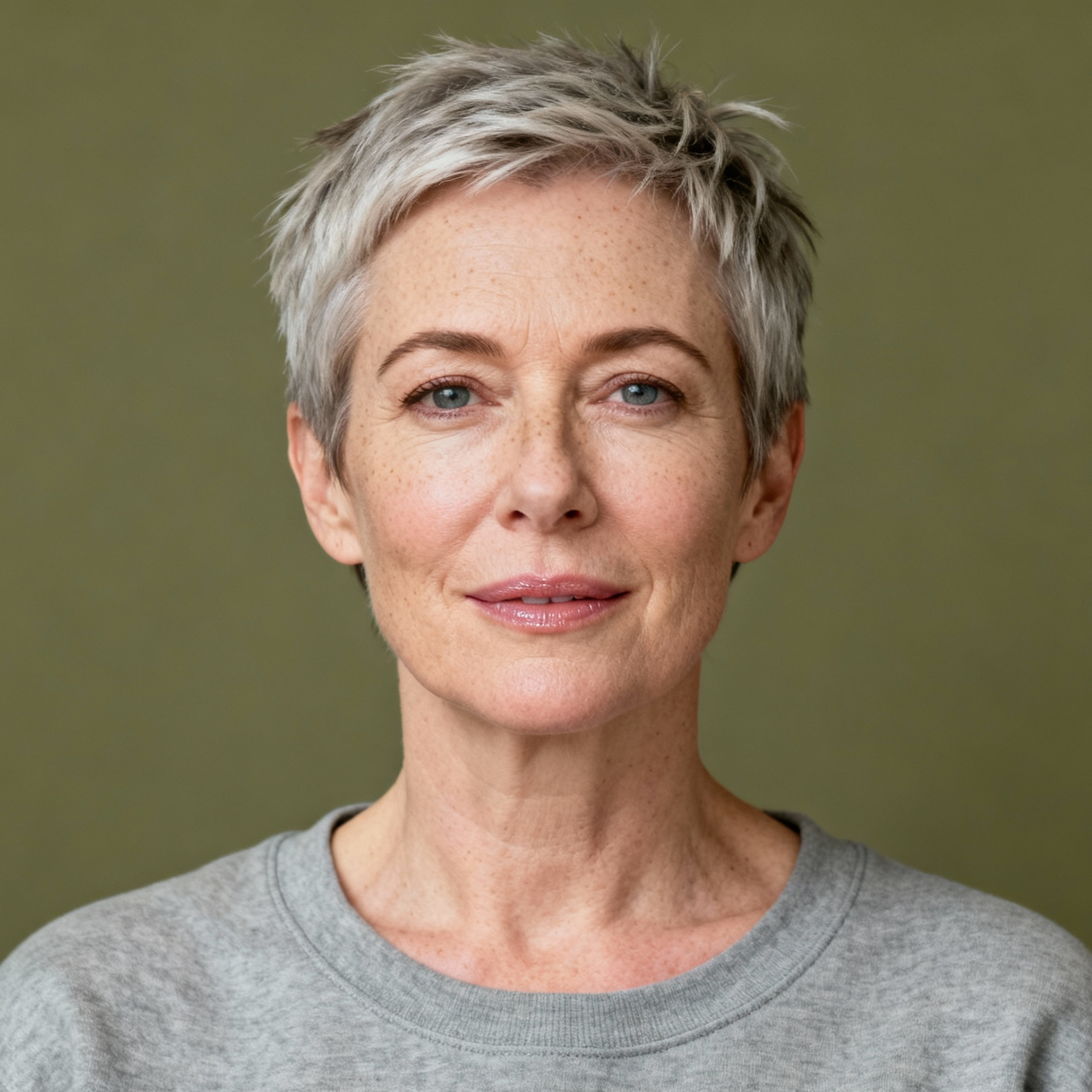 AI-generated portrait of a middle-aged woman with short gray hair and soft features, wearing a simple top, posed with a neutral expression against a muted background in even light.