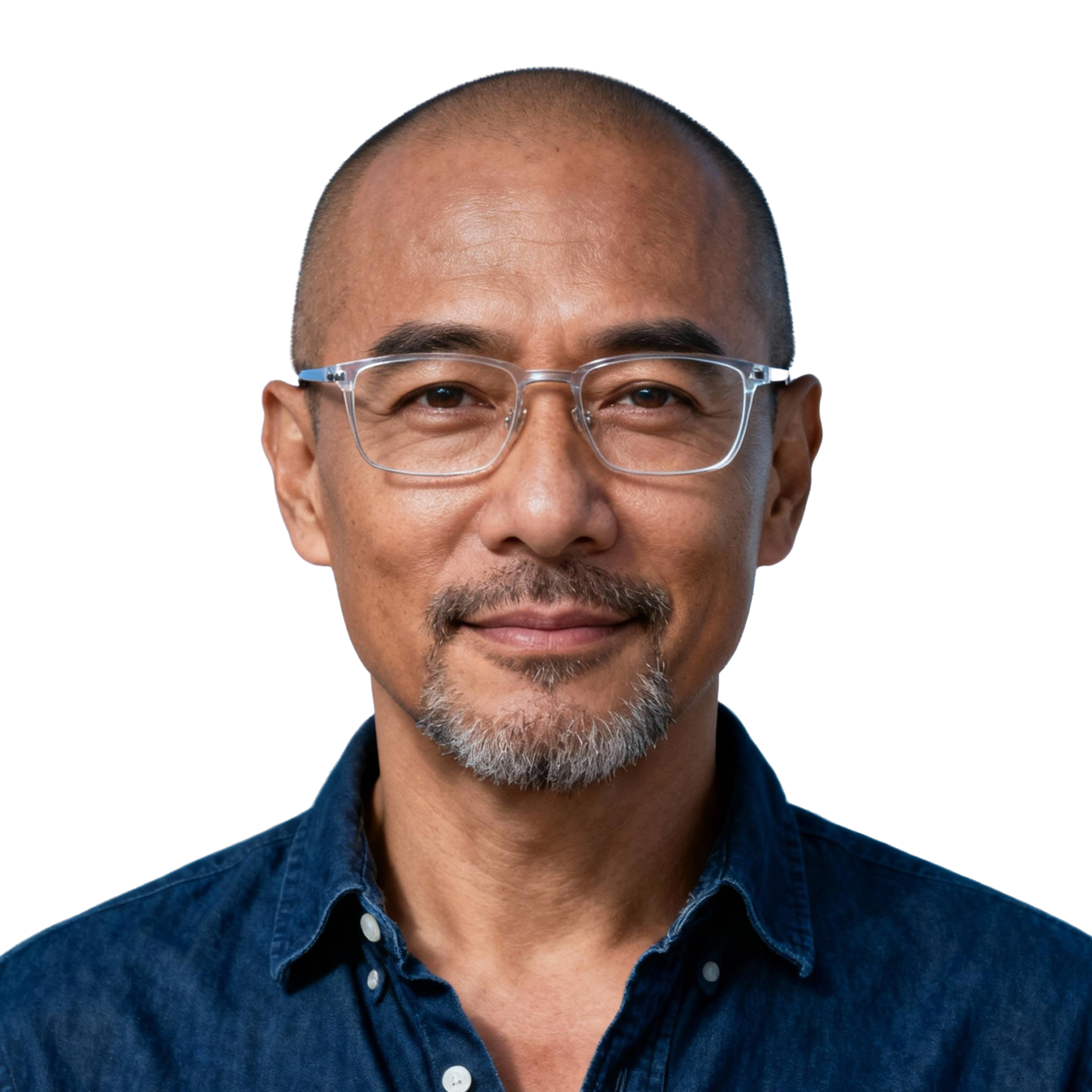 AI-generated portrait of a middle-aged man with short hair and glasses, wearing a casual shirt, posed with a relaxed expression against a transparent background in even light.